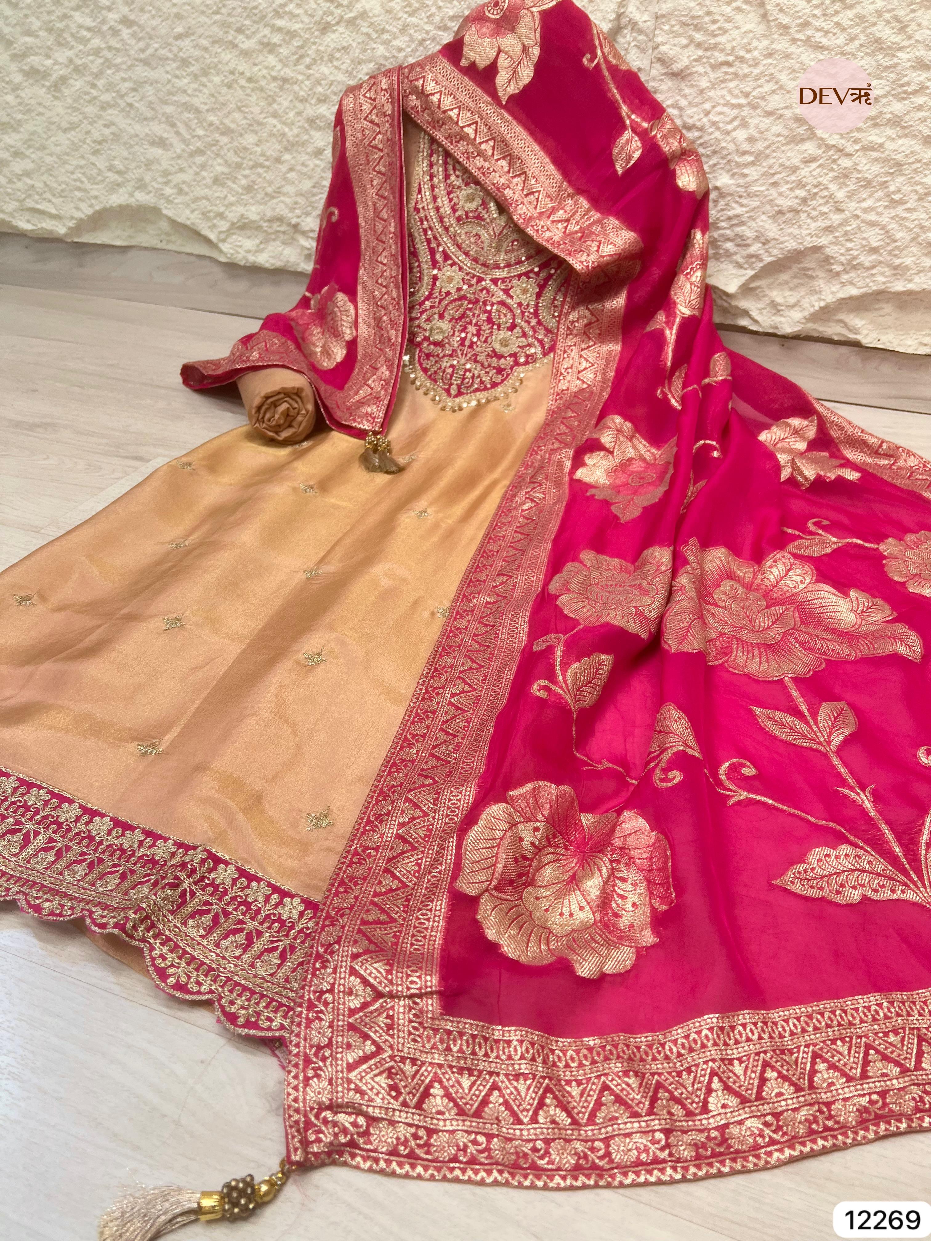 Peach–Rani Tissue Shimmer Silk Embroidered Unstitched 3-Piece Suit (Devri – D.No 12269)