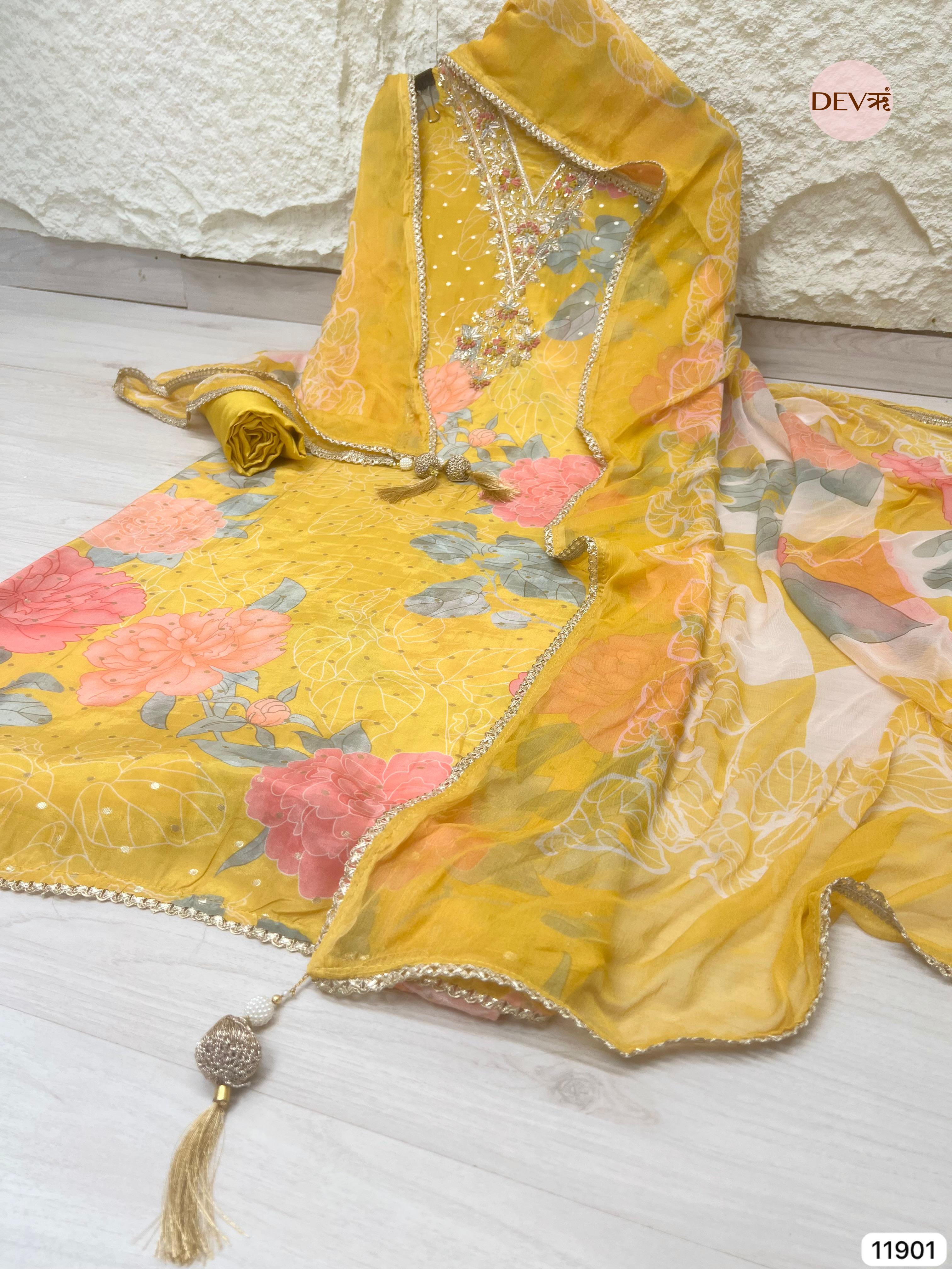 Yellow Pure Shimmer Tissue Silk Unstitched Printed Hand Embroidered -Set Of 3- {11901}