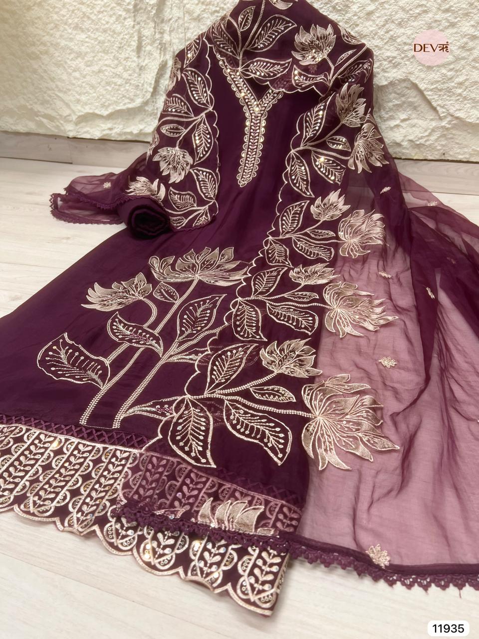 Purple Glass Tissue Silk Unstitched Embroidered -Set Of 3 - {11935}