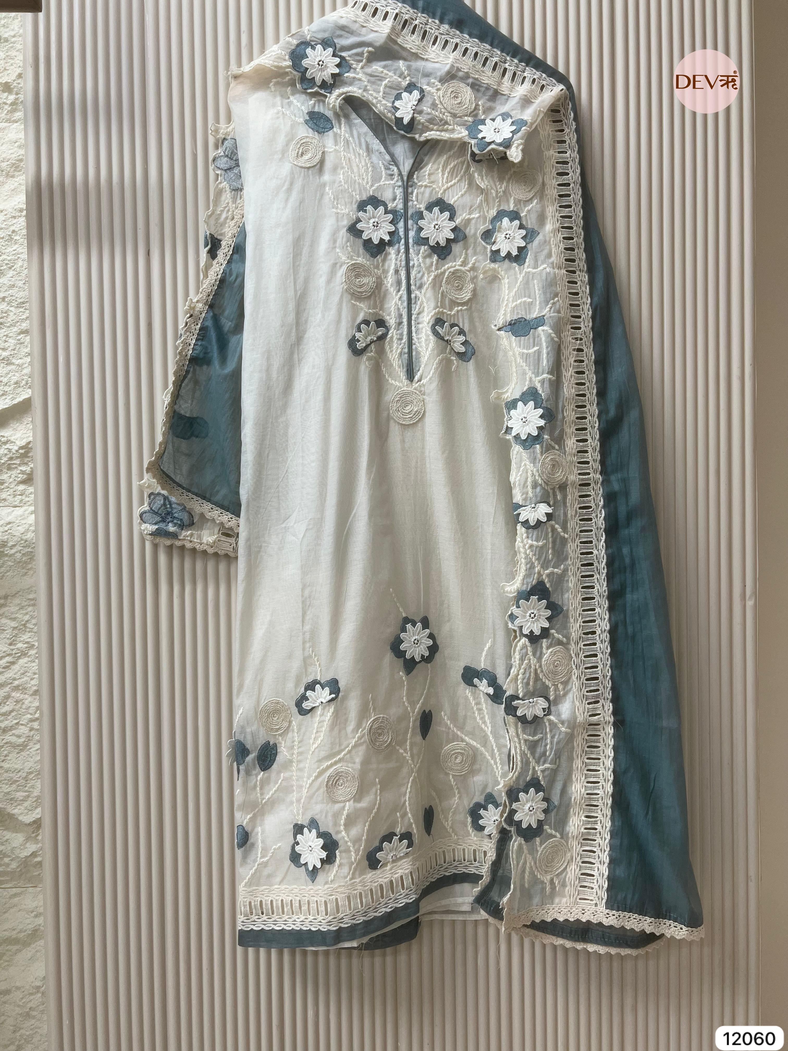 White Mul Chanderi Unstitched With Hand Embroidered -Set Of 3 - {12060}