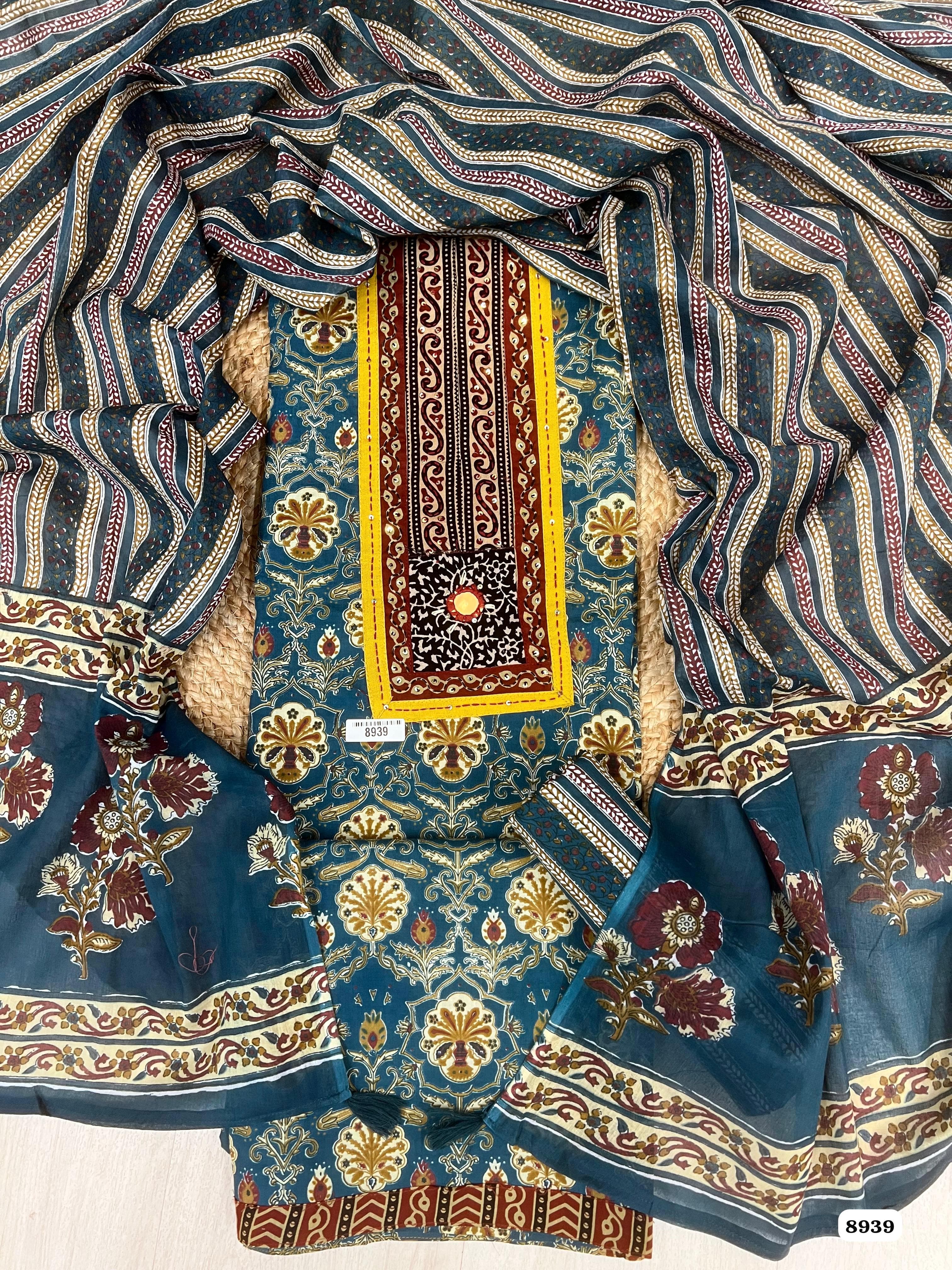Blue Cotton Printed Unstitched Hand Embroidered -Set Of 3 {8939}