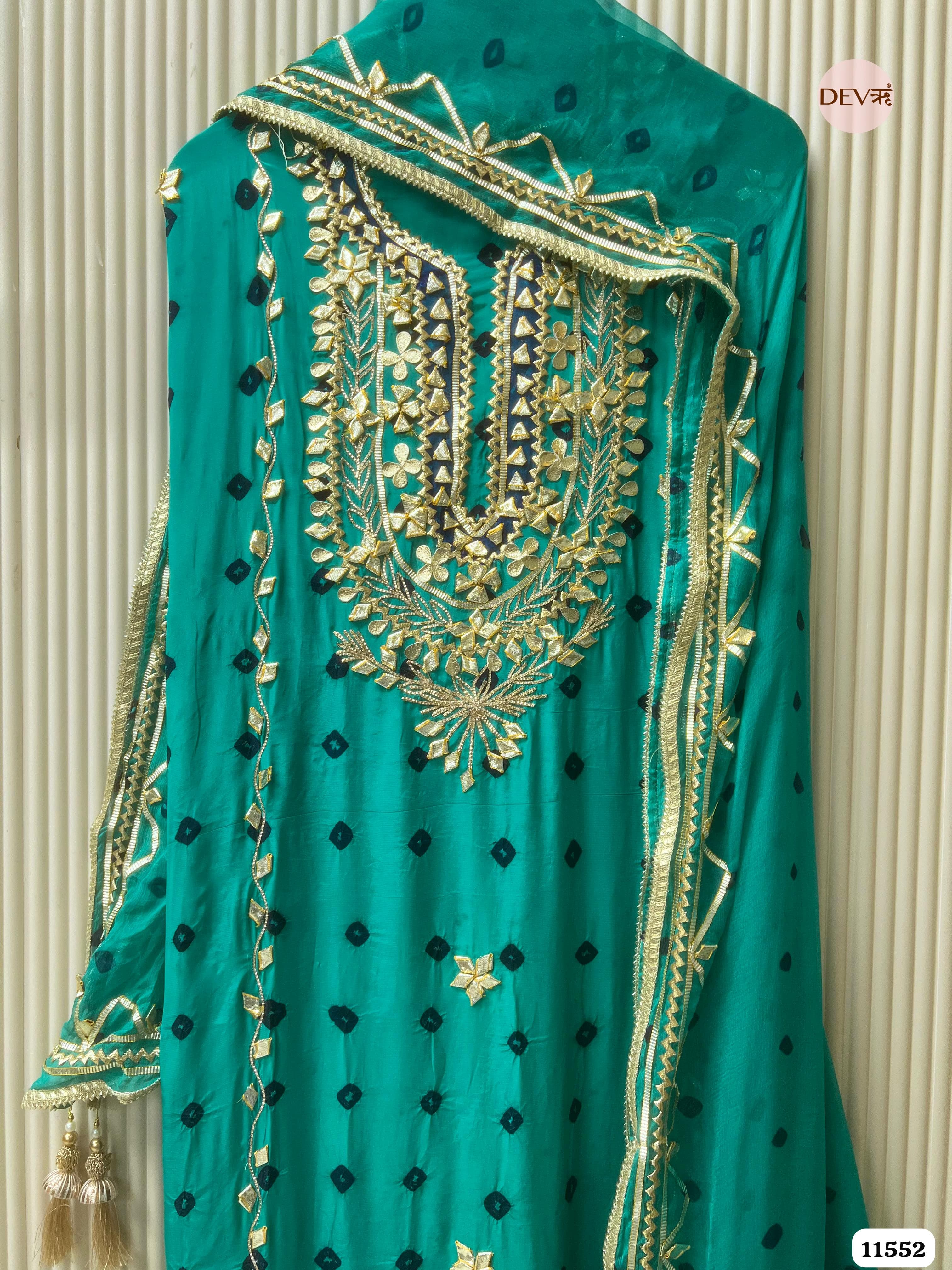 Green Pure Organza Silk Unstitched Printed Hand Gota Embroidered -Set Of 3 {11552}