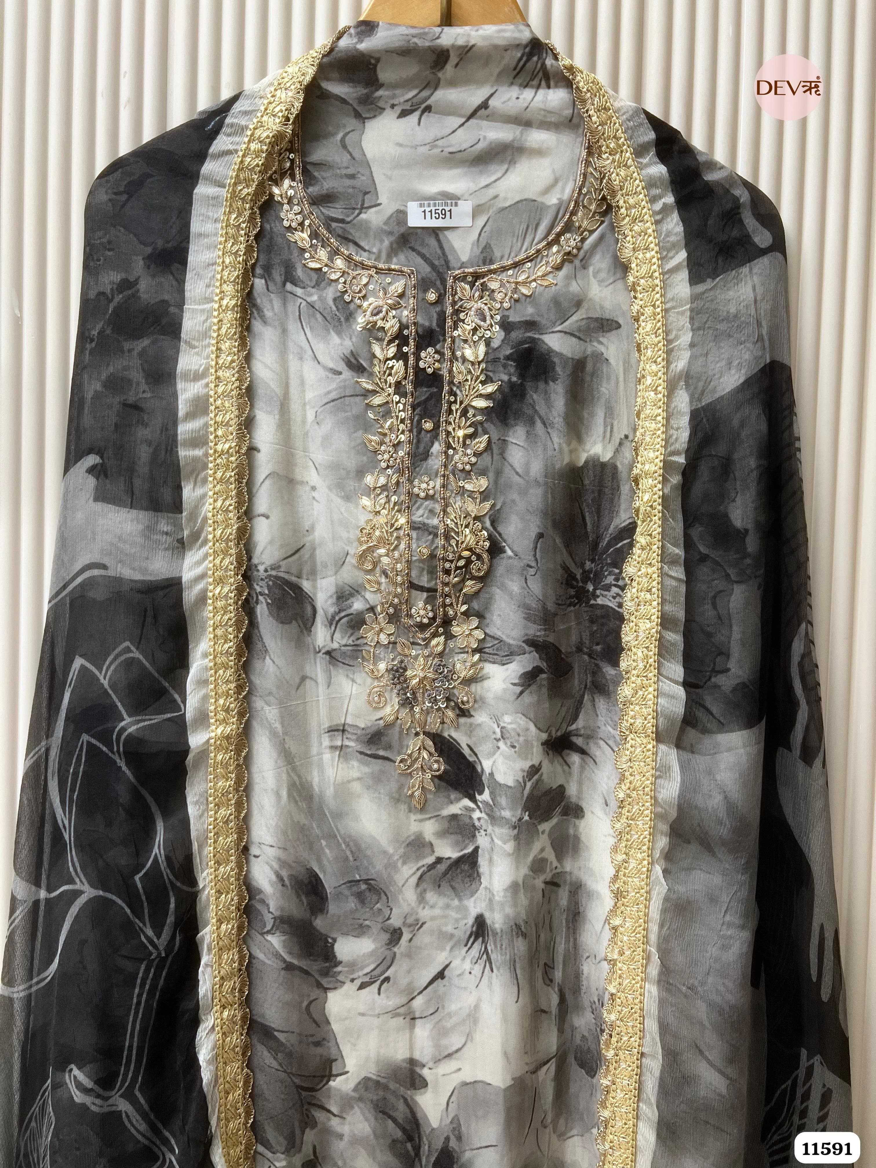 Black Pure Organza Silk Unstitched Hand Embroidered -Set Of 3 {11591}