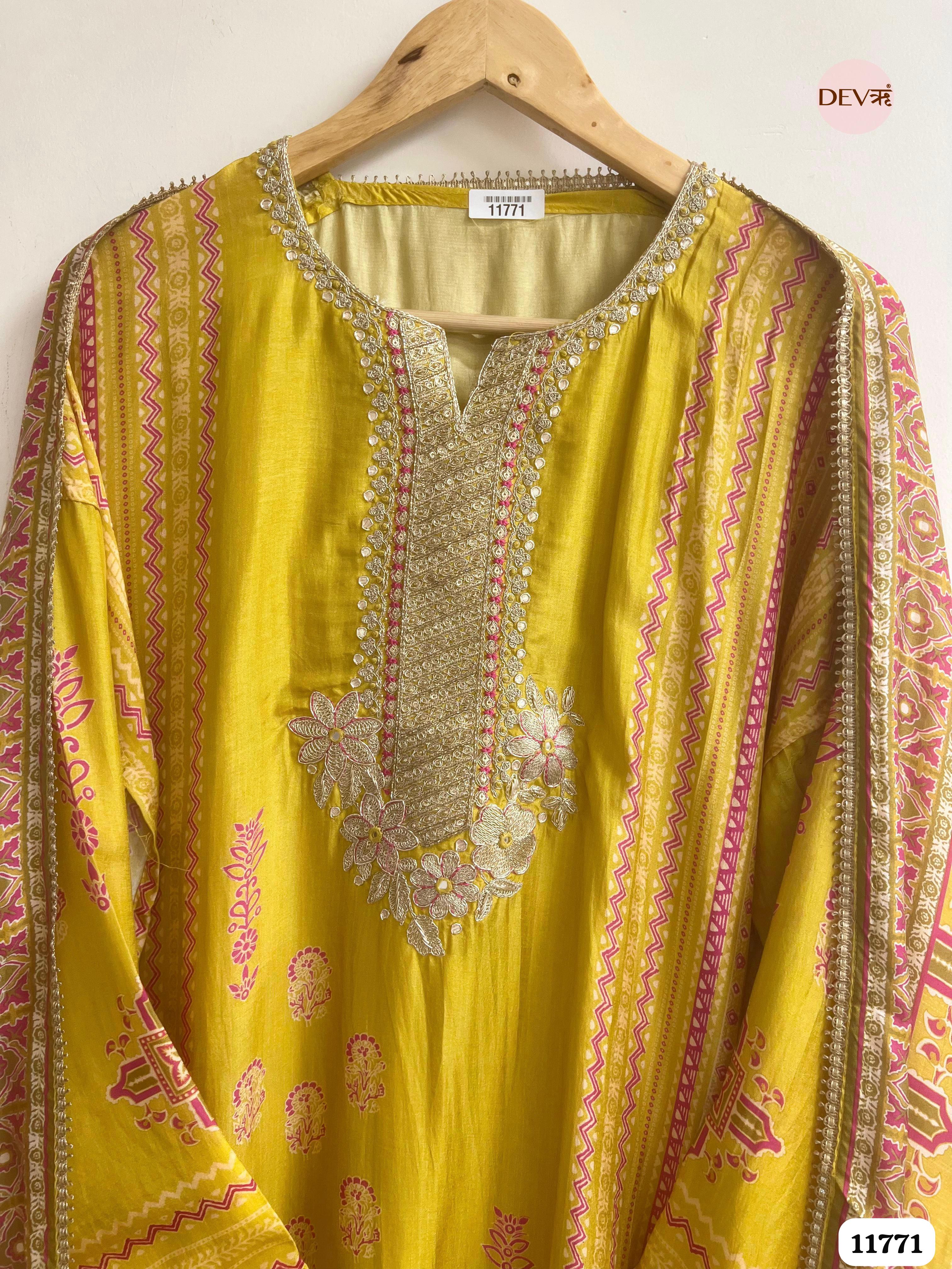 Yellow Russian Silk Unstitched Hand Embroidered -Set Of 3 {11771}