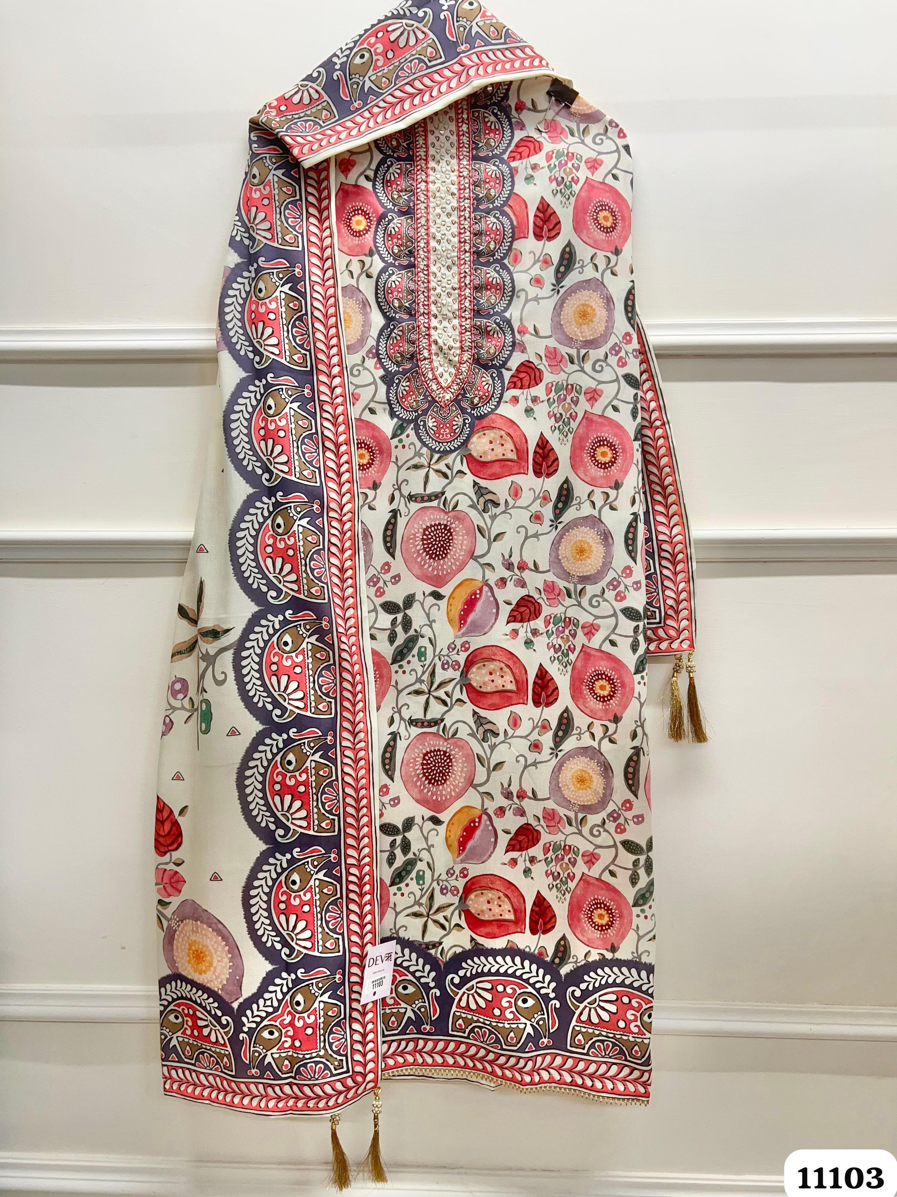 Multi Colour Mul Cotton Printed Unstitched Hand Embroidered-Set Of 3