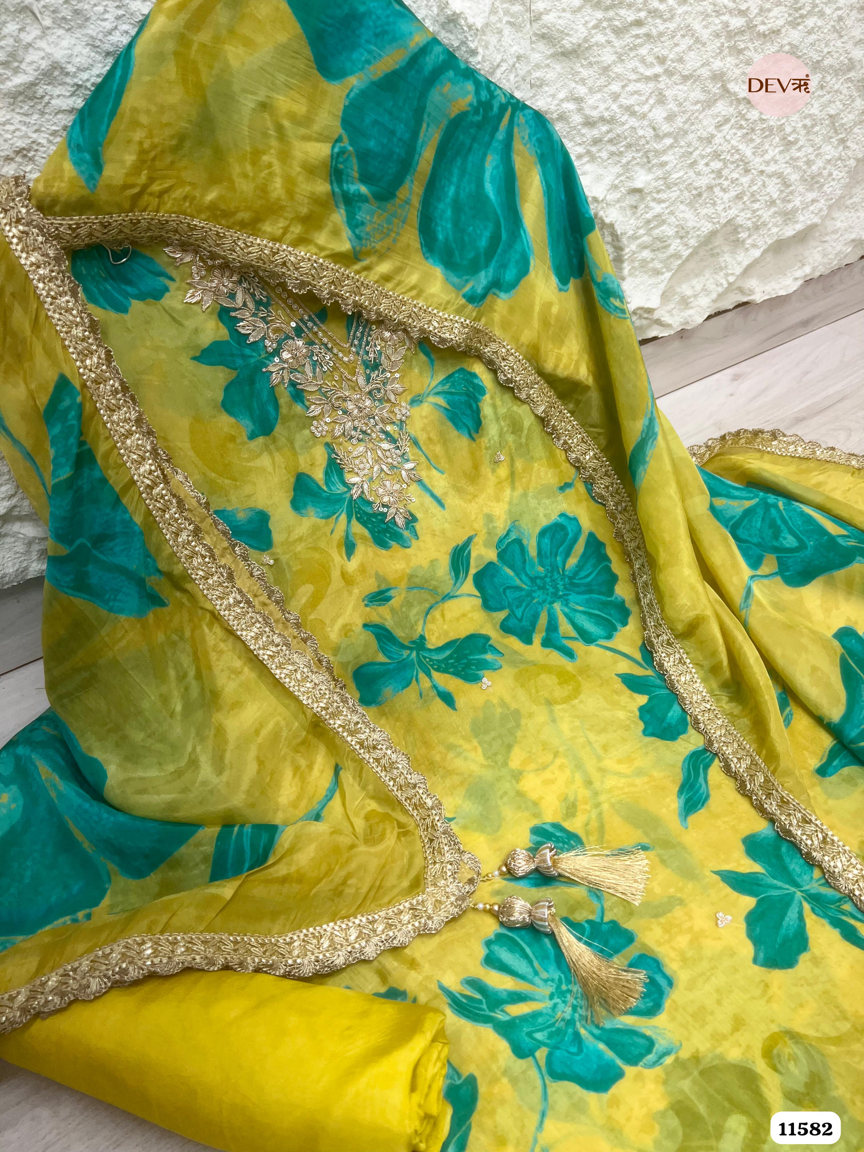 Yellow Pure Organza Silk Printed Unstitched Hand Embroidered -Set Of 3 {11582}