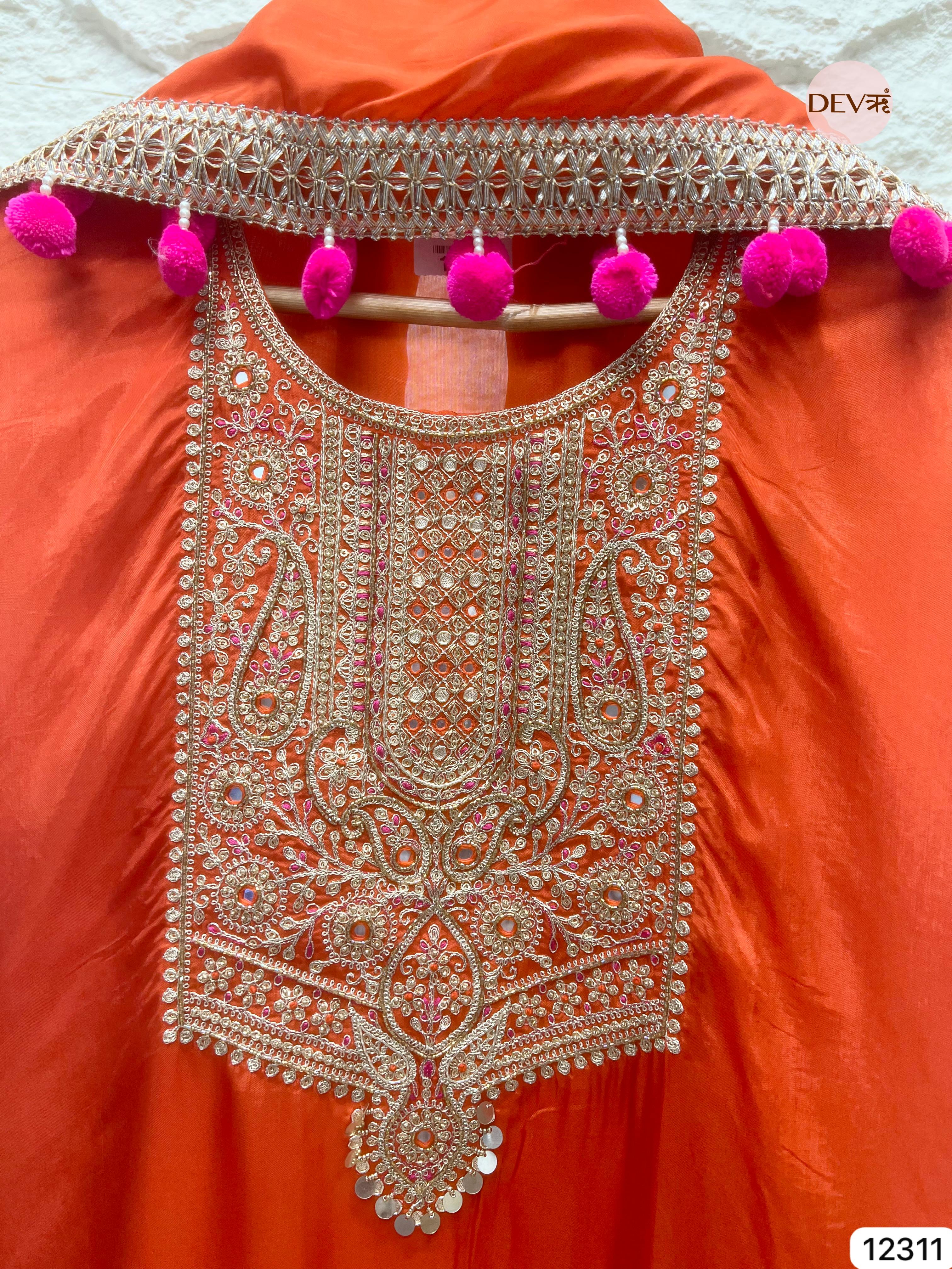 Orange Glass Organza Embroidered Unstitched 3-Piece Suit (Devri – D.No 12311)