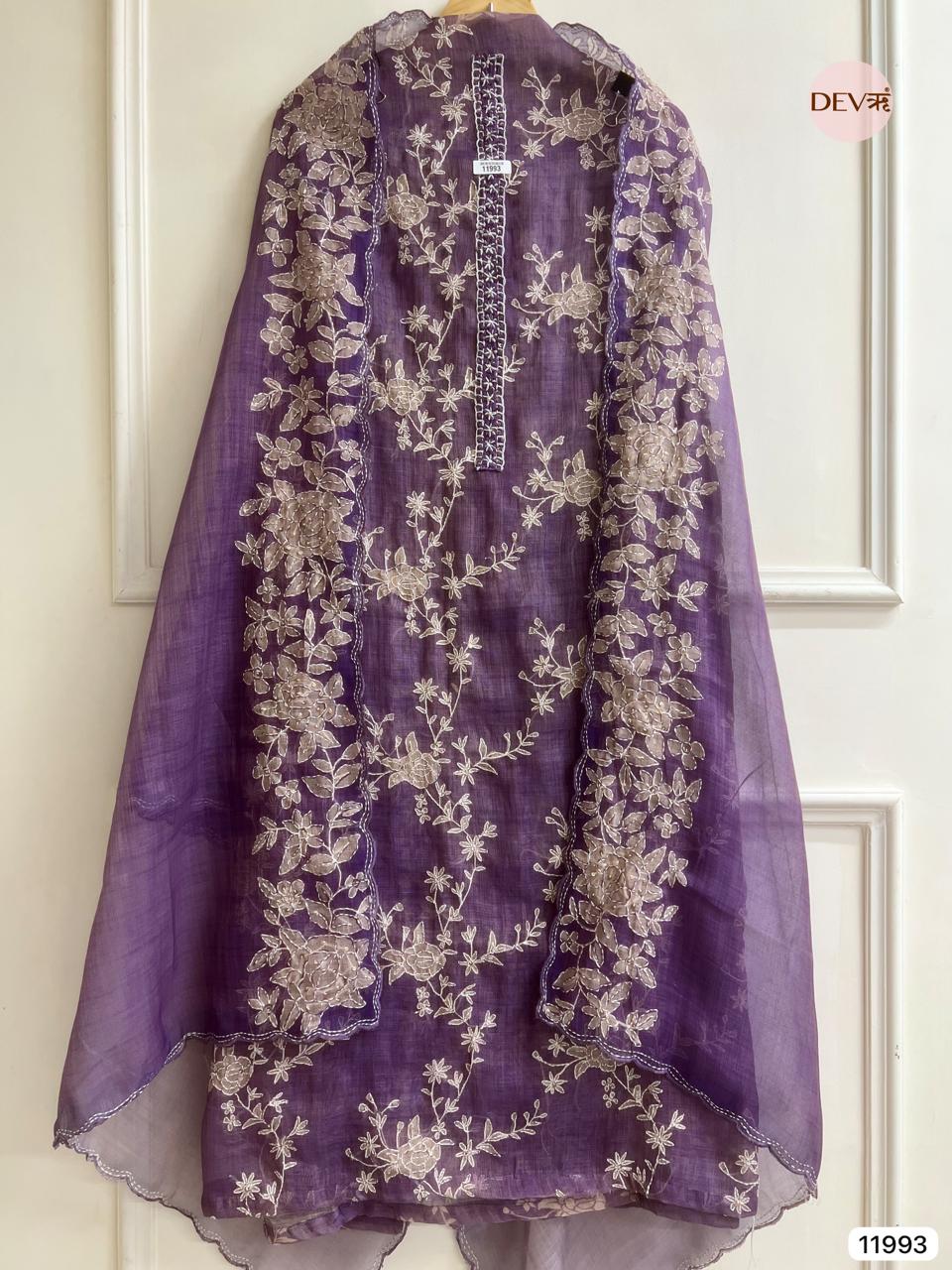 Purple  Pure Mul Linen Unstitched Embroidered -Set Of 3 - {11993}