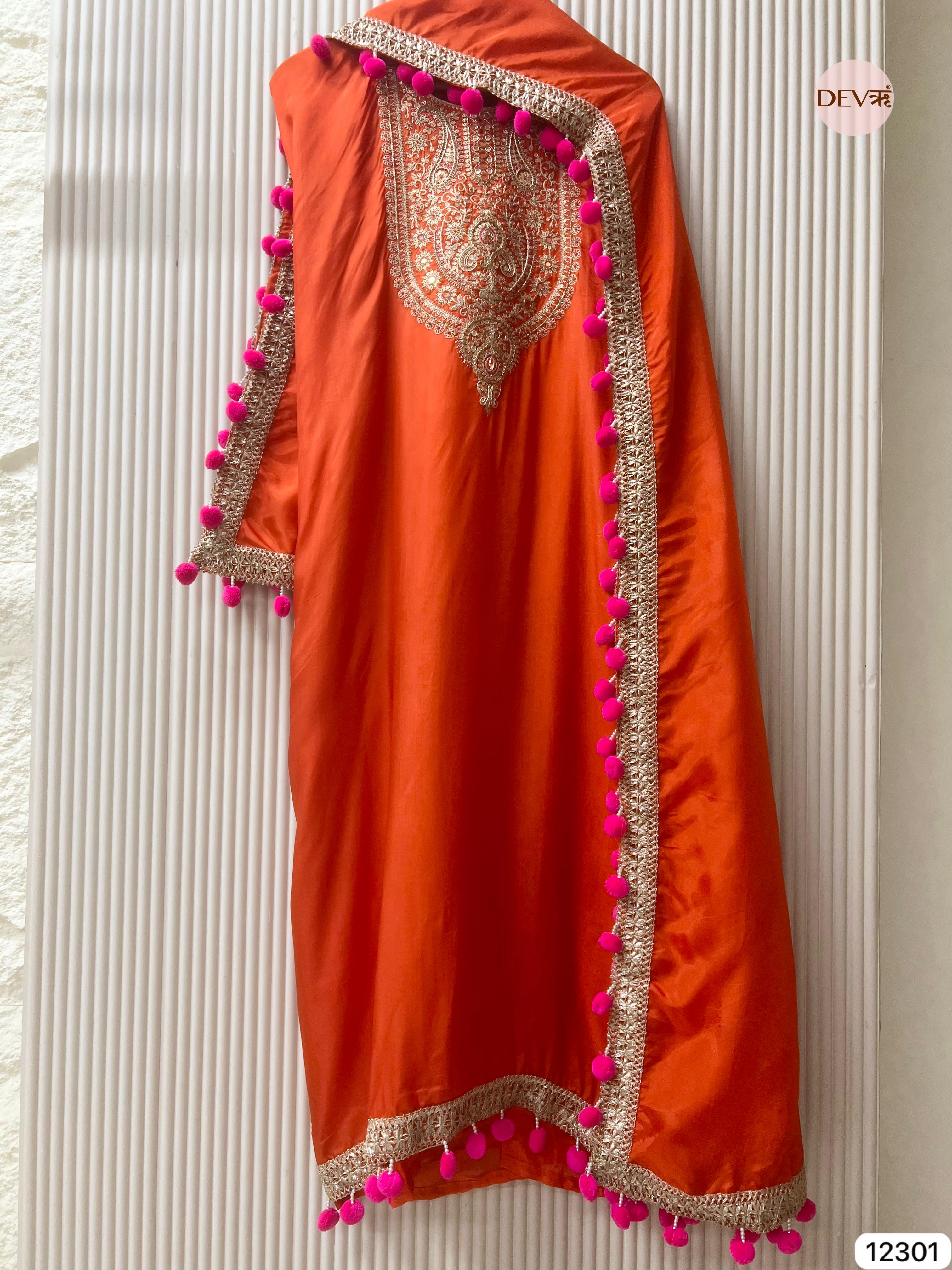 Orange Glass Organza Embroidered Unstitched 3-Piece Suit (Devri – D.No 12301)