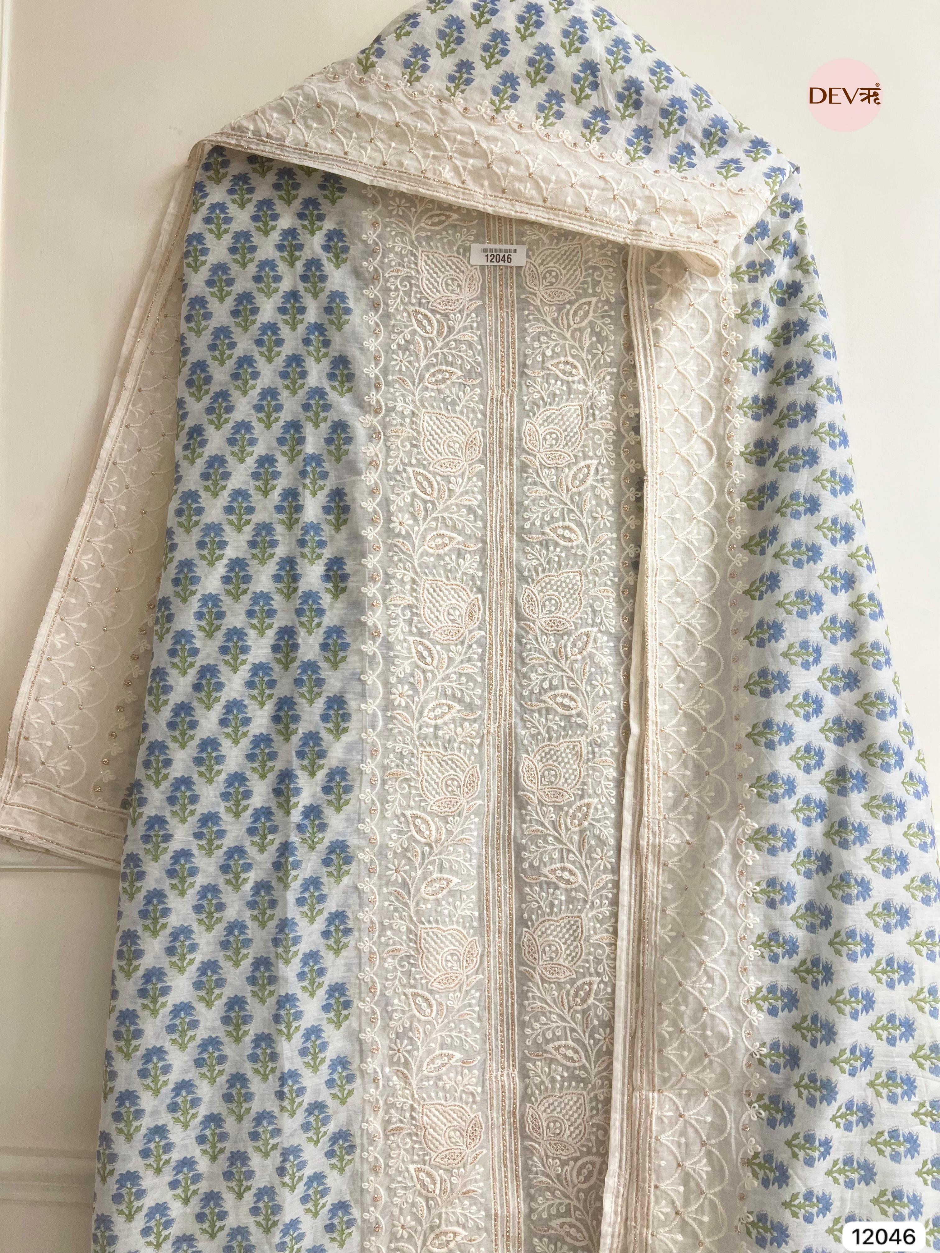 White & Blue Mul Chanderi Unstitched Block Printed Lucknawi Embroidered -Set Of 3 - {12046}