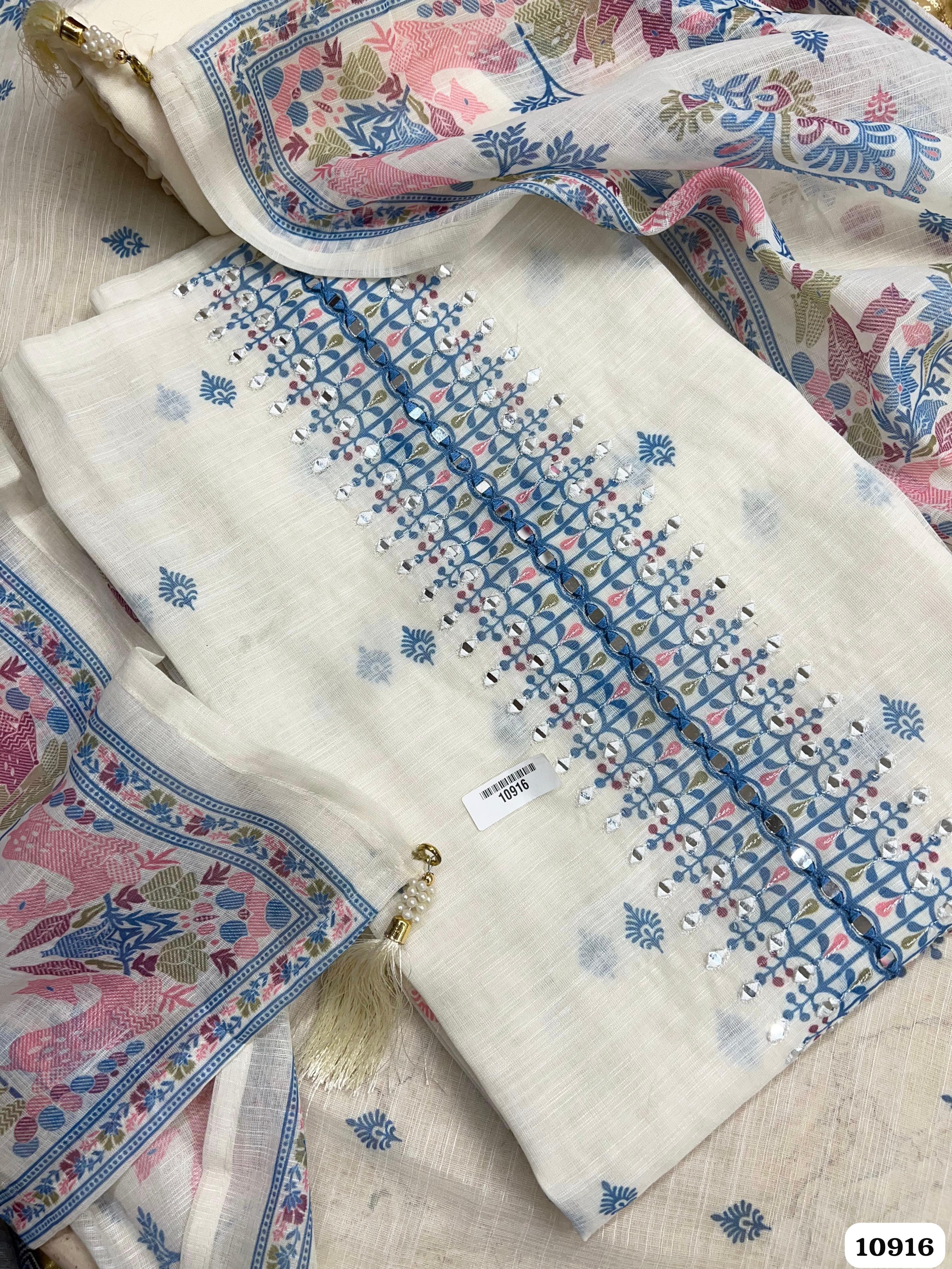 White Jamdani Cotton Unstitched Woven Hand Embroidered -Set Of 3