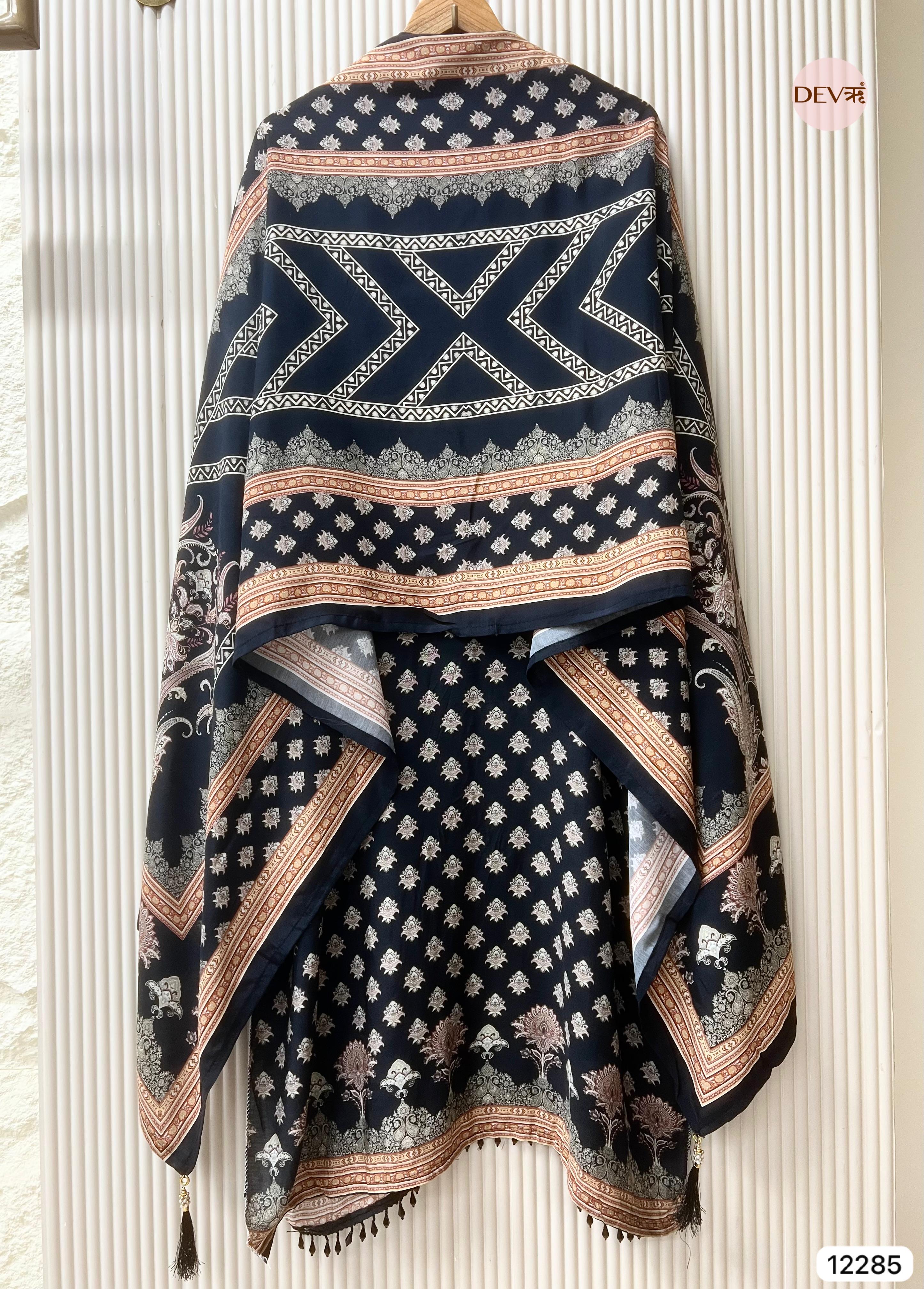 Navy Blue Muslin Printed Unstitched 3-Piece Suit (Devri – D.No 12285)
