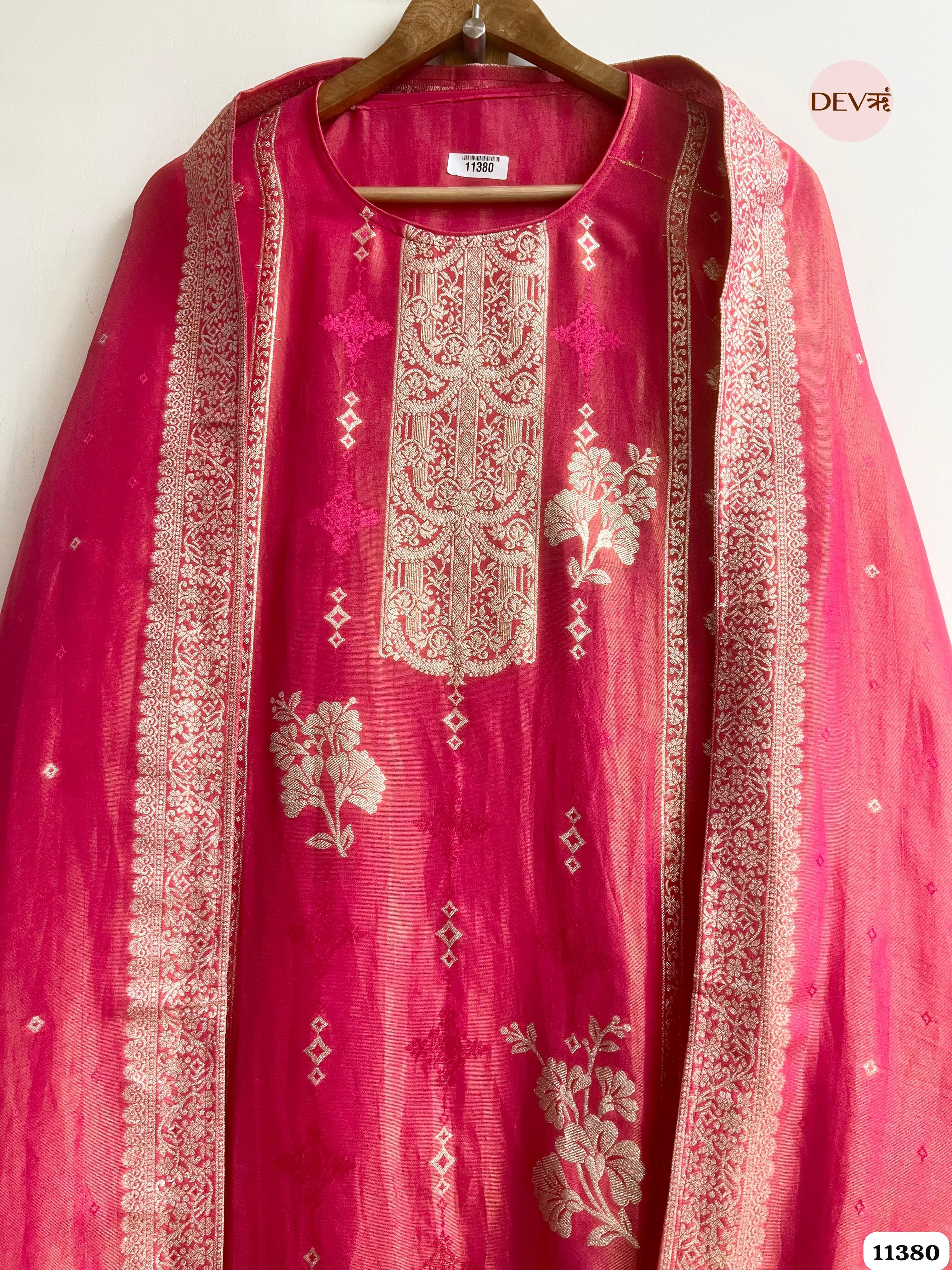 Pink Tissue Silk Unstitched Woven -Set Of 3 {11380}