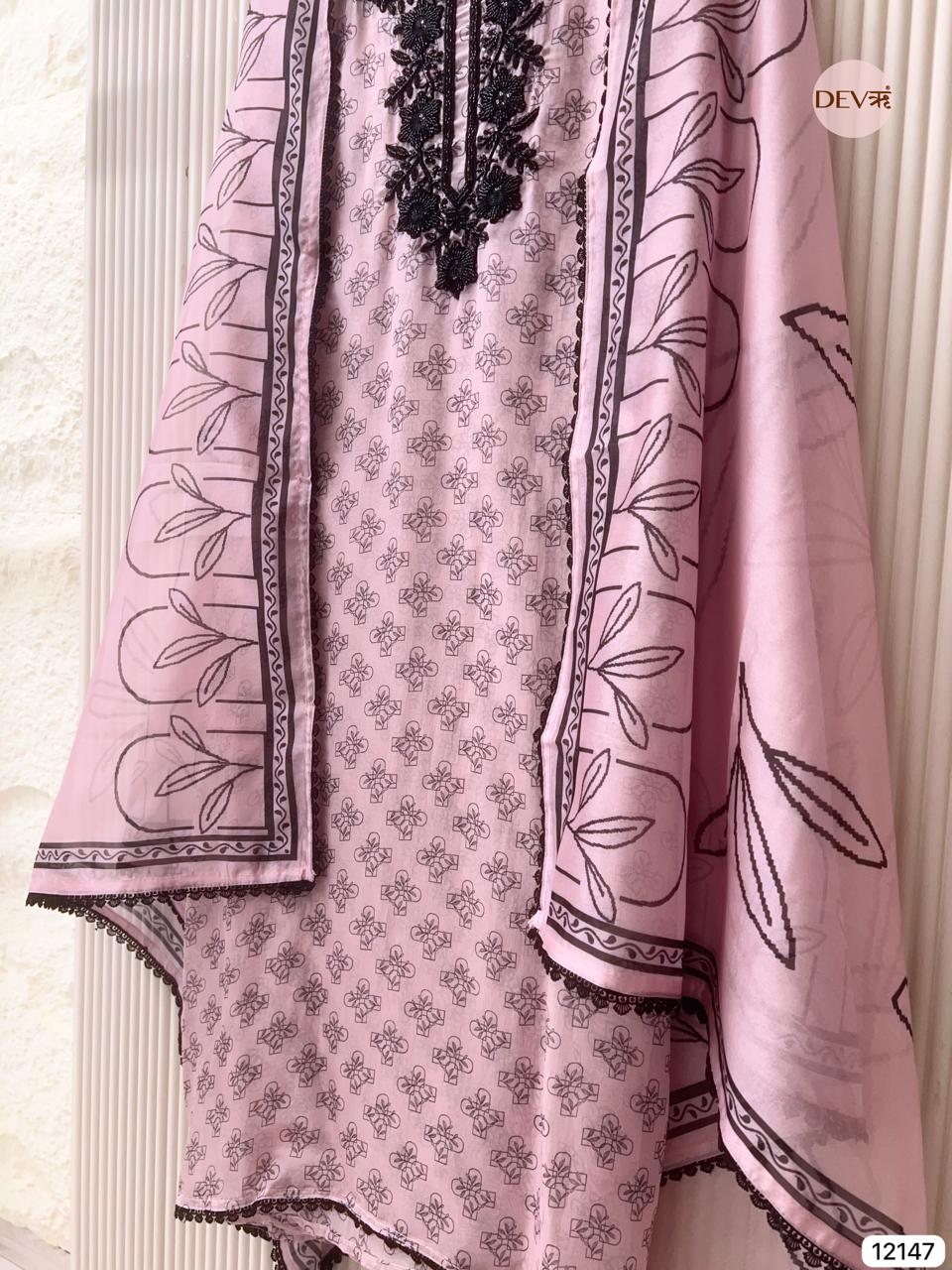 Pink Pure Organza Unstitched Printed Hand Embroidered -Set Of 3 - {12147}