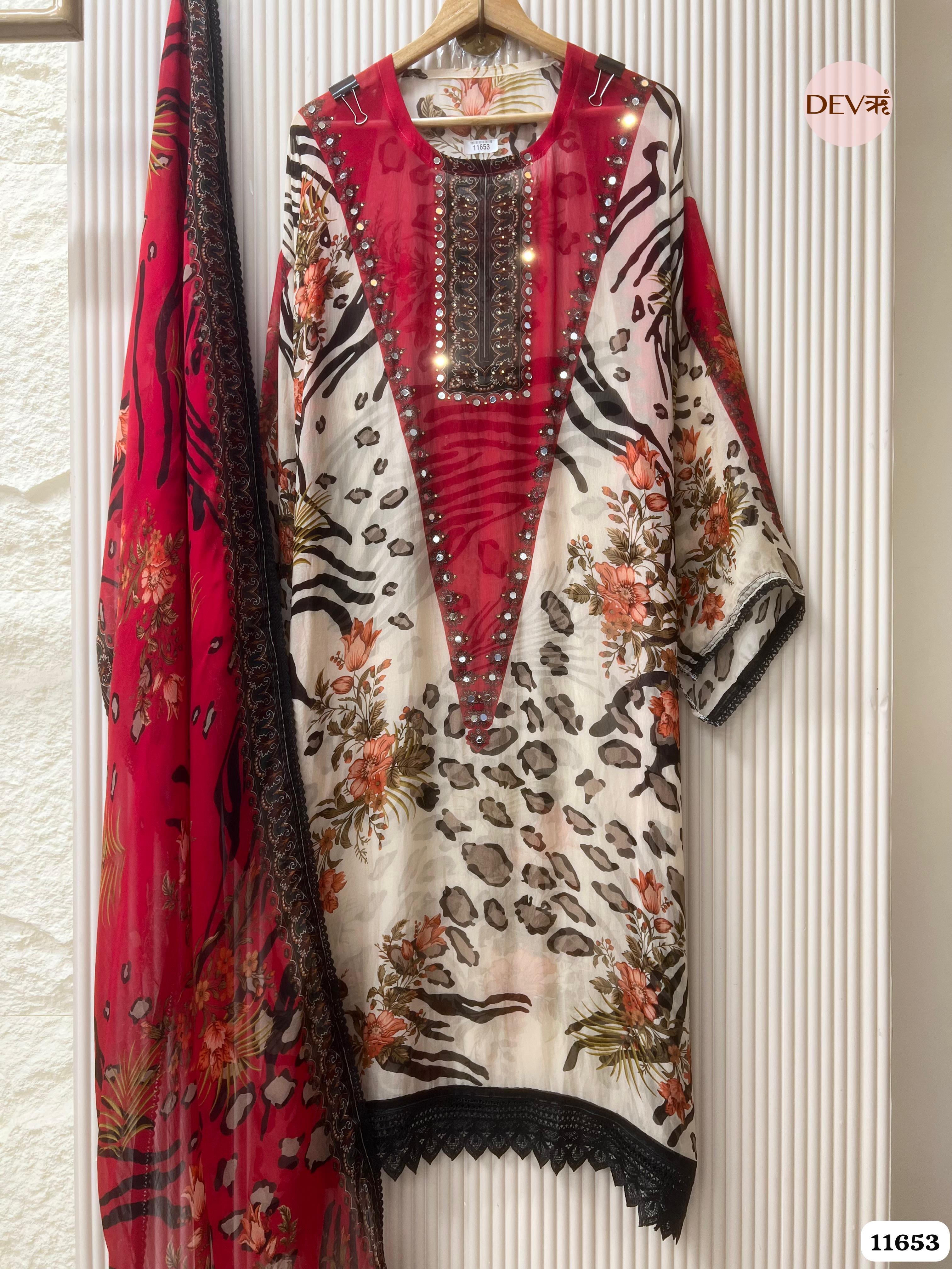 Red Organza Printed Semi Stitched Hand Embroidered -Set Of 3 {11653}