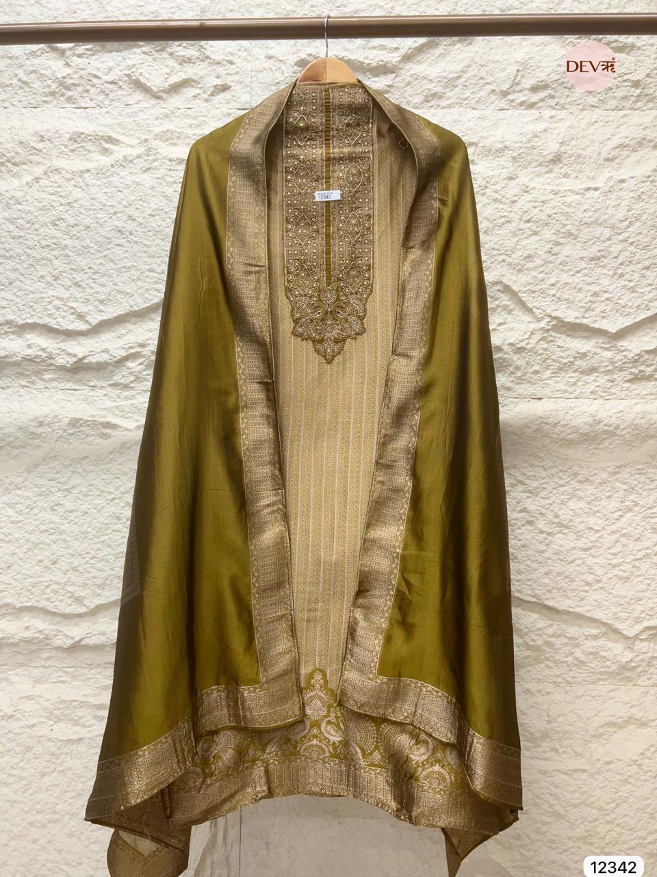Olive Gold Pure Banarasi Silk Woven Unstitched 3-Piece Suit (Devri – D.No 12342)