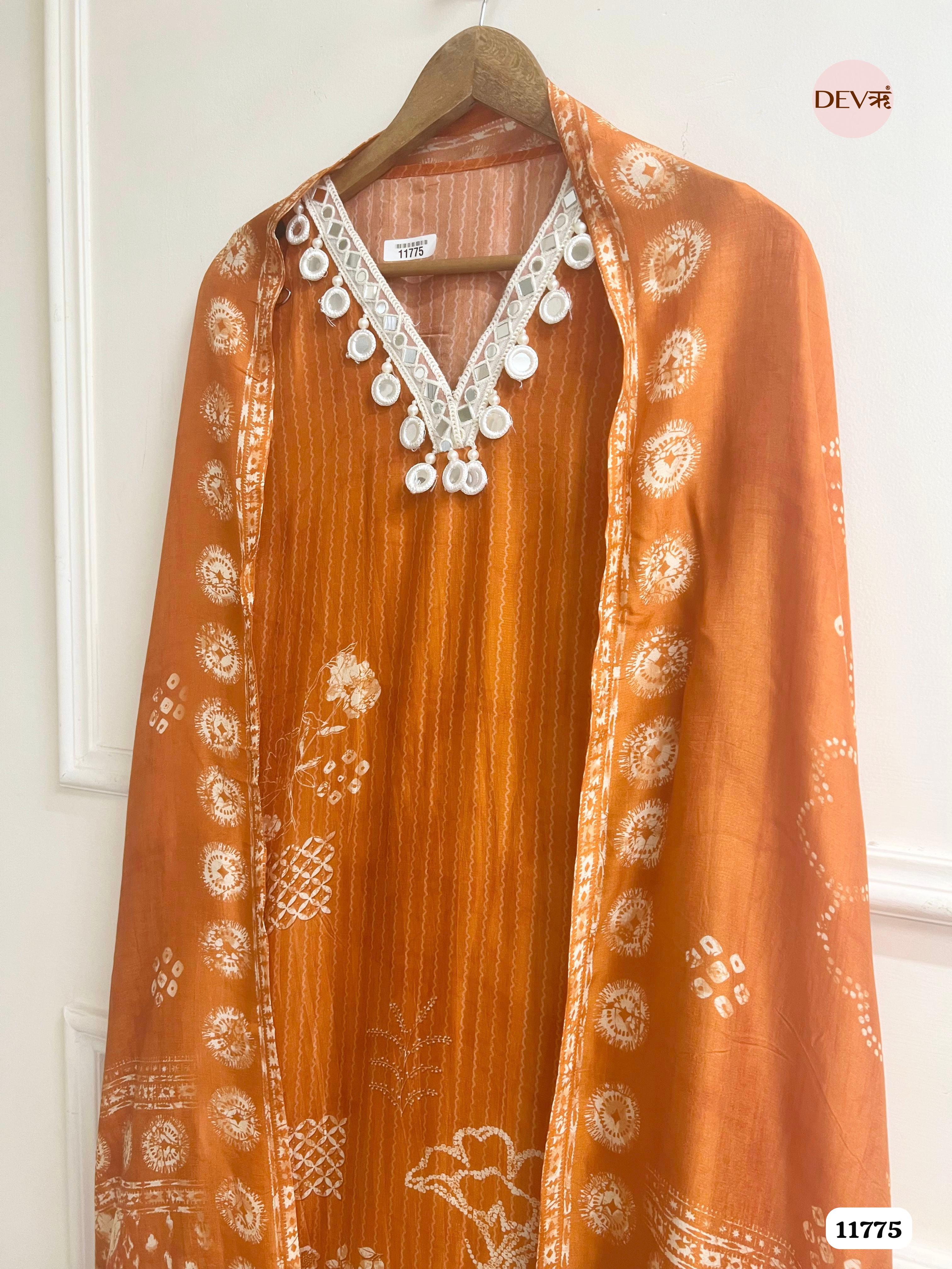 Orange Russian Silk Unstitched Printed Hand Embroidered -Set Of 3 {11775}
