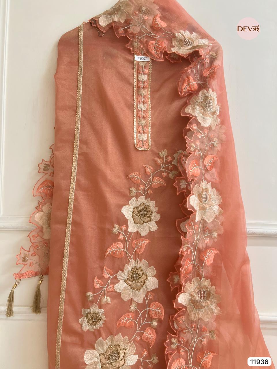 Orange Tissue Silk Unstitched Embroidered -Set Of 3- {11936}
