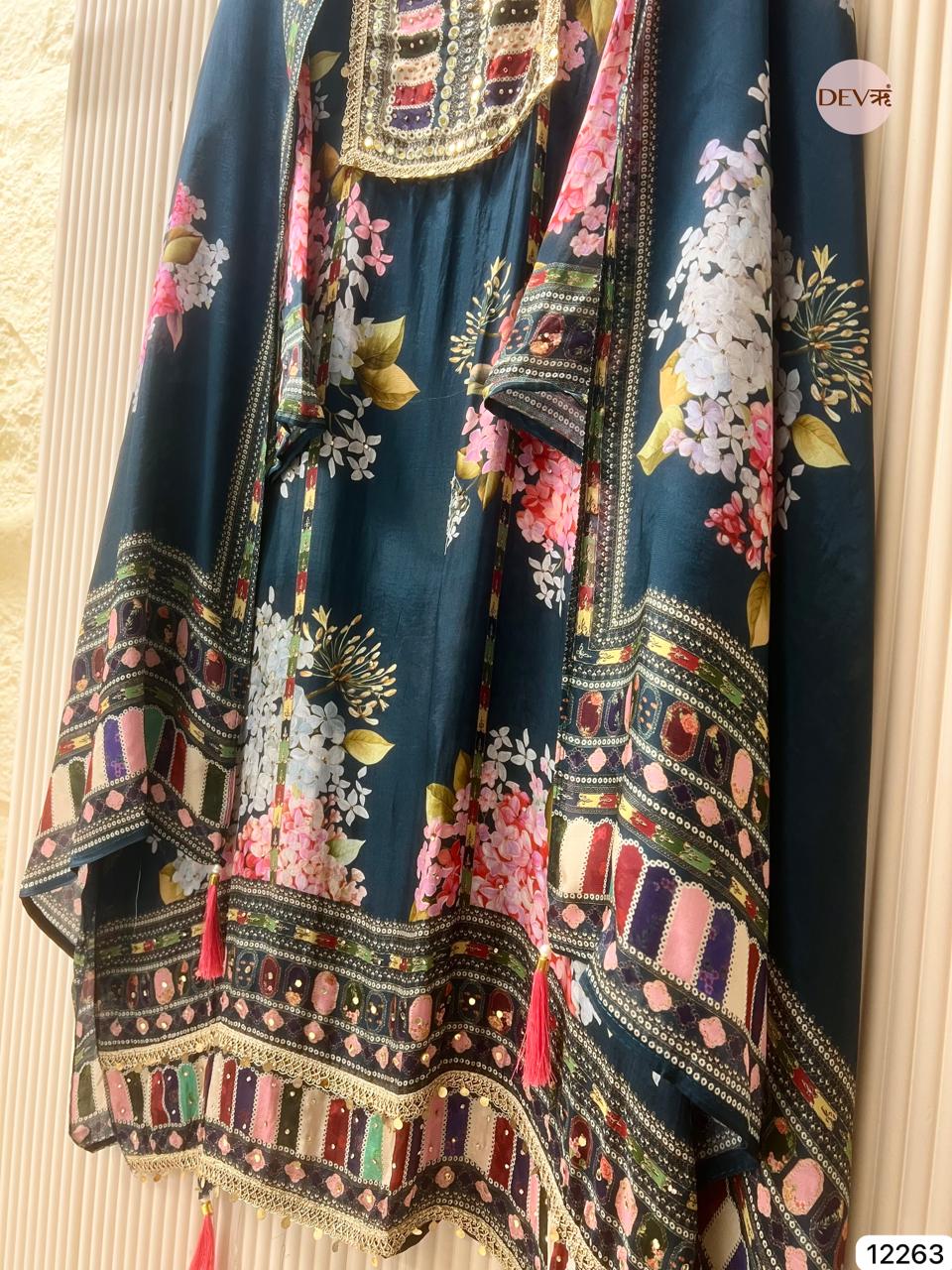 Teal Glass Organza Printed Unstitched 3-Piece Suit (Devri – D.No 12263)