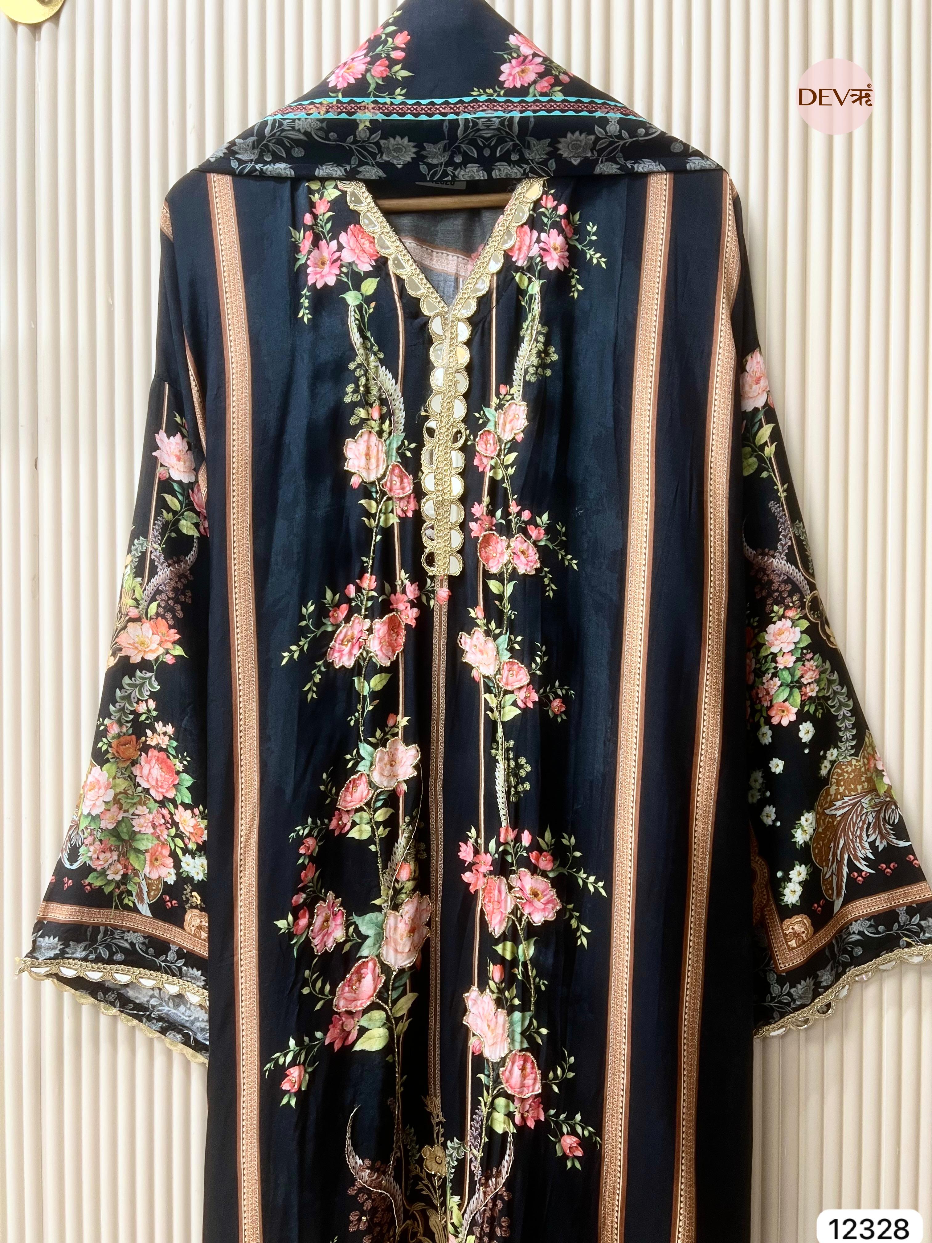 Deep Navy Muslin Printed Unstitched 3-Piece Suit (Devri – D.No 12328)