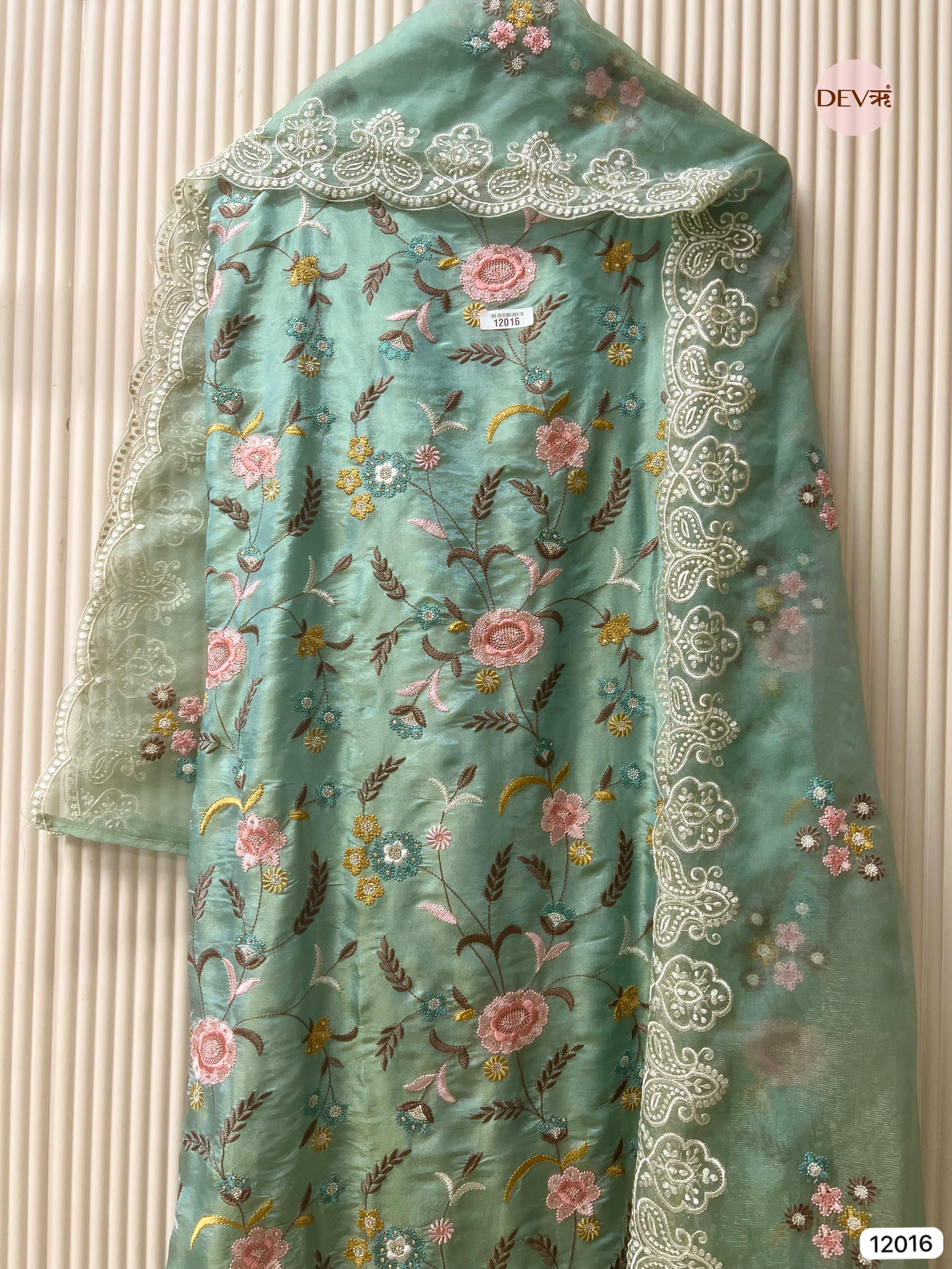 Blue Shimmer Tissue Silk Unstitched Embroidered -Set Of 3 - {12016}