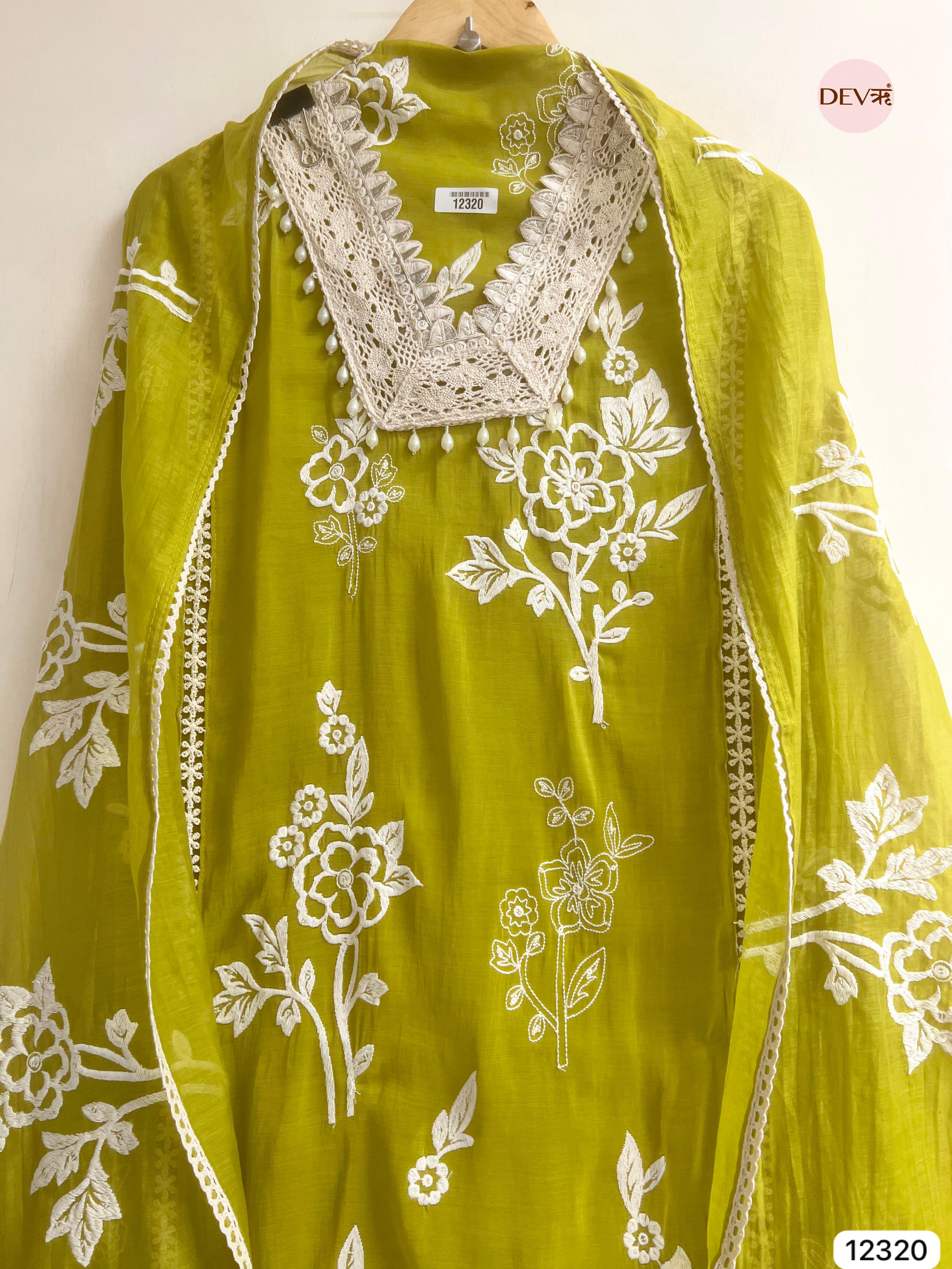 Olive Green Mul Chanderi Embroidered Unstitched 3-Piece Suit (Devri – D.No 12320)
