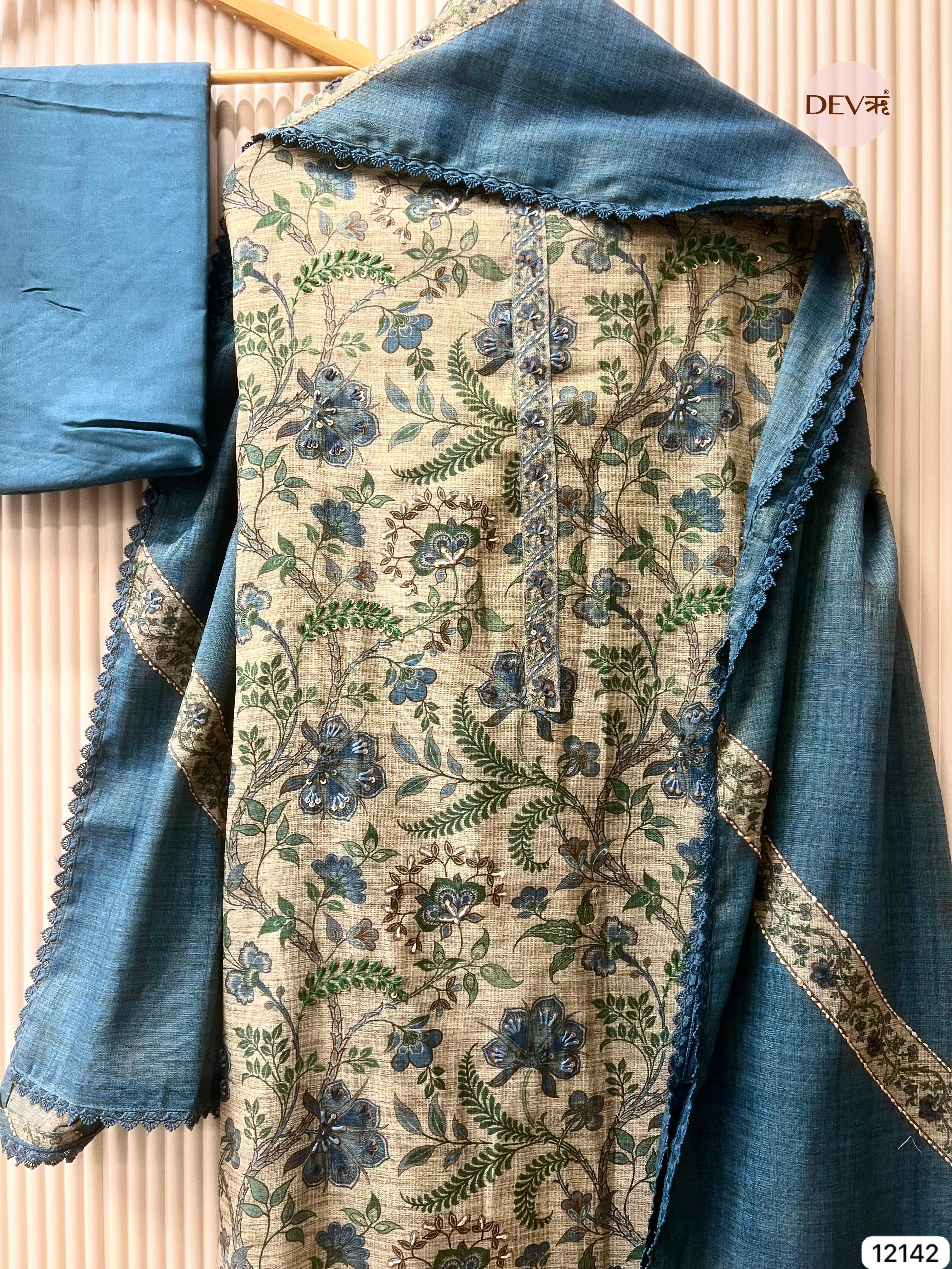 Multi Colour Pure Khadi Silk Unstitched Printed -Set Of 3 - {12142}