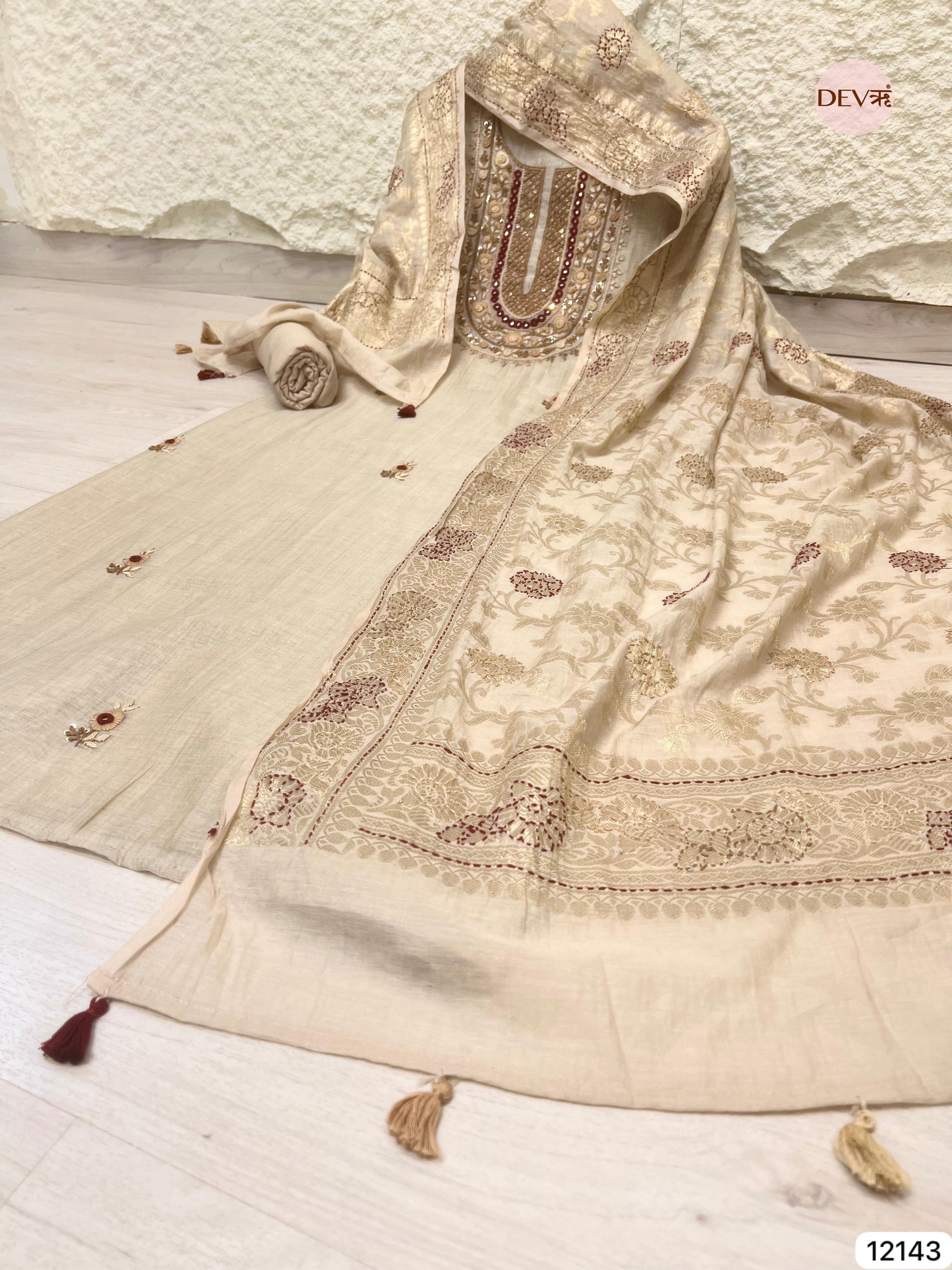 Off white Tissue Silk Unstitched Hand Embroidered -Set Of 3 - {12143}