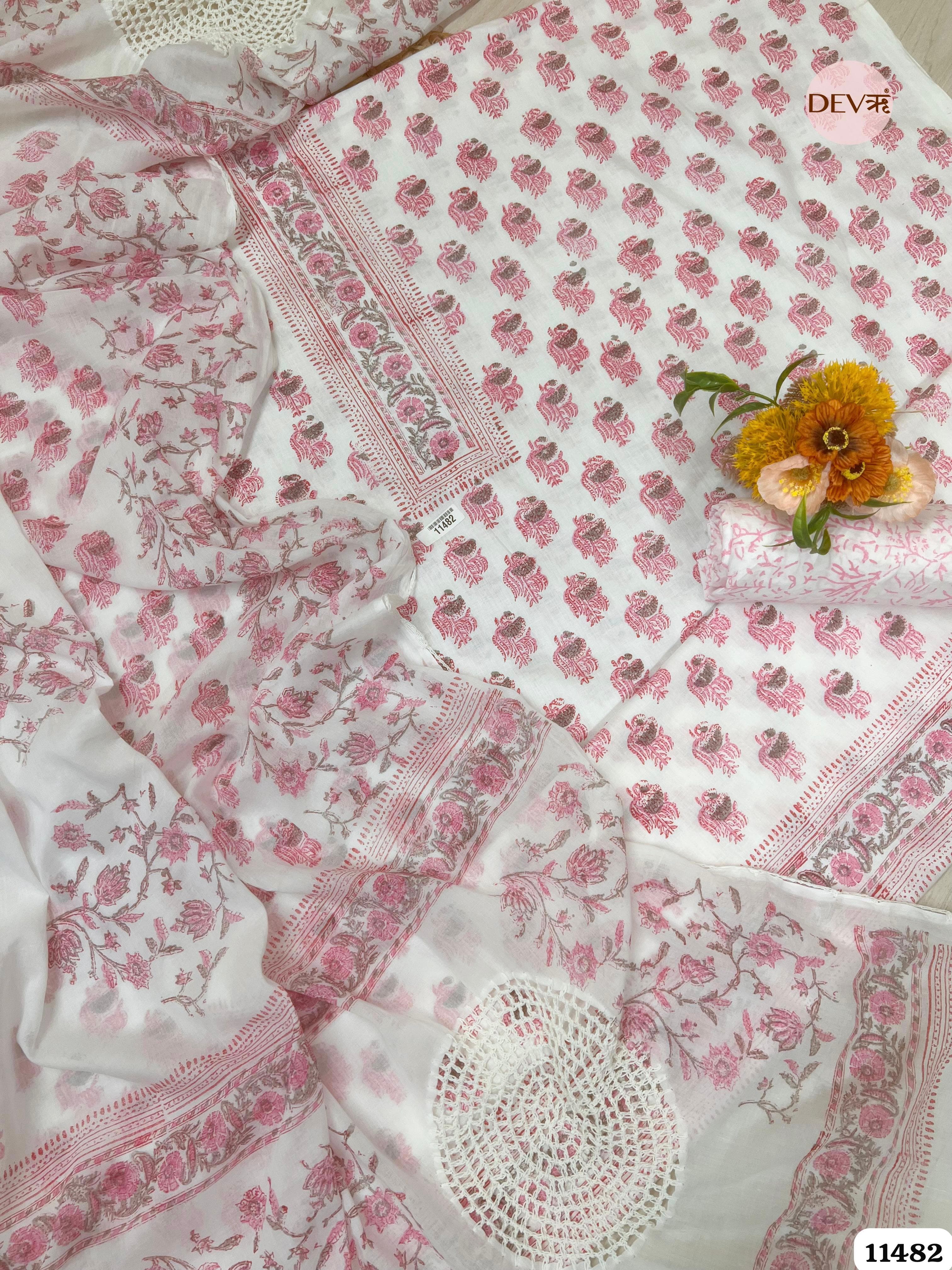 White & Pink Pure Cotton Printed Unstitched Embroidered -Set Of 3 {11482}