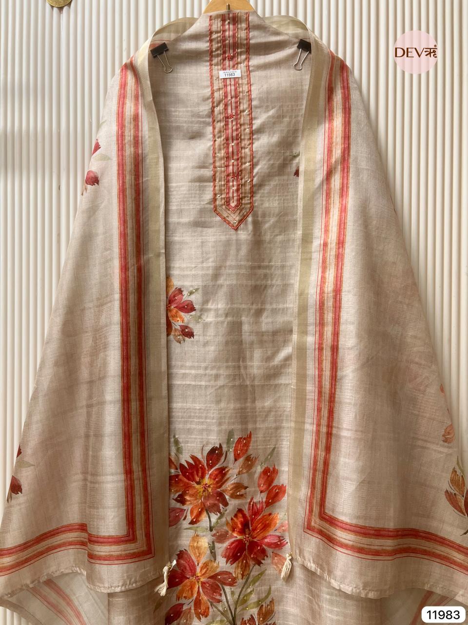 Beige Tusser Silk Printed Unstitched 3-Piece Suit (Devri – D.No 11983)