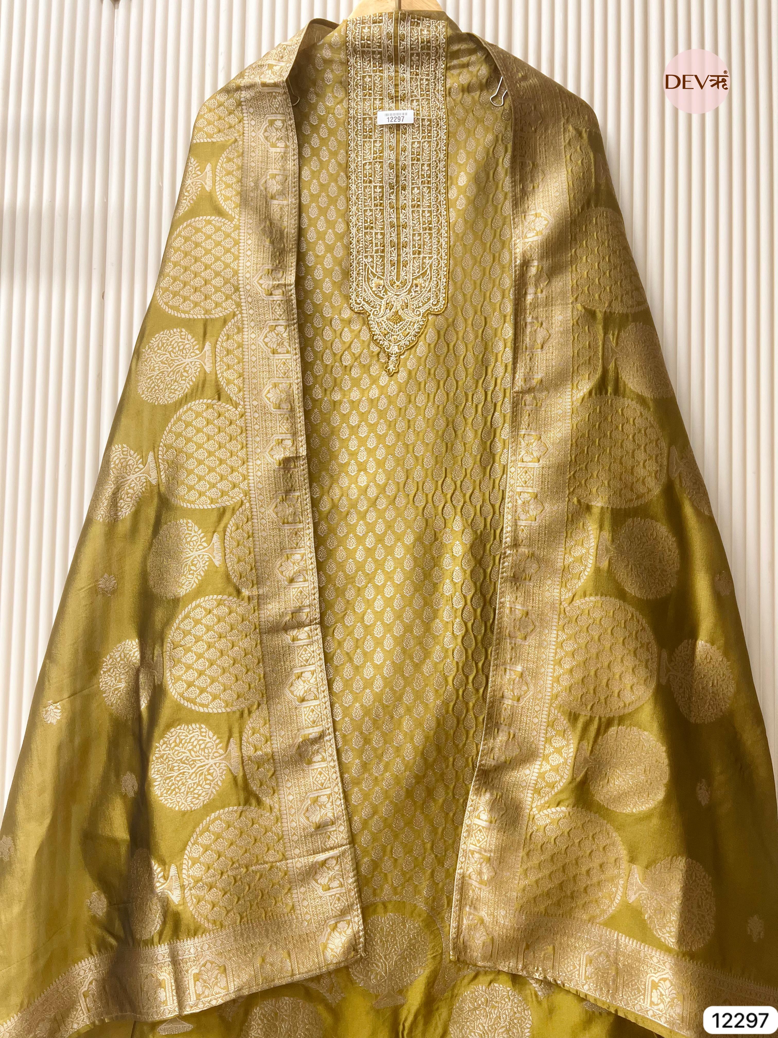 Olive Gold Pure Banarasi Silk Woven Unstitched 3-Piece Suit (Devri – D.No 12297)