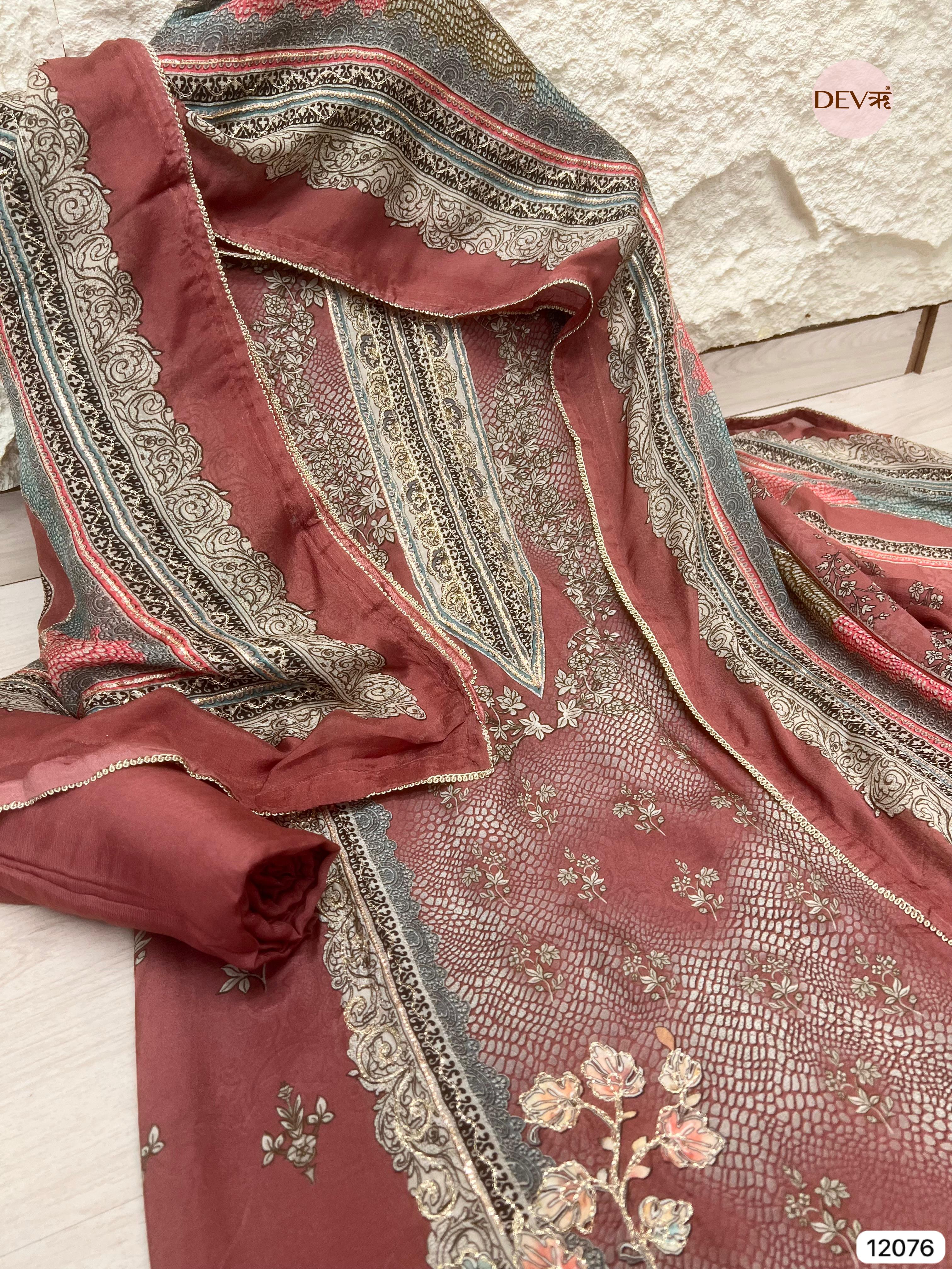 Maroon Pure Muslin Unstitched Printed With Hand Zardosi Embroidery -Set Of 3- {12076}