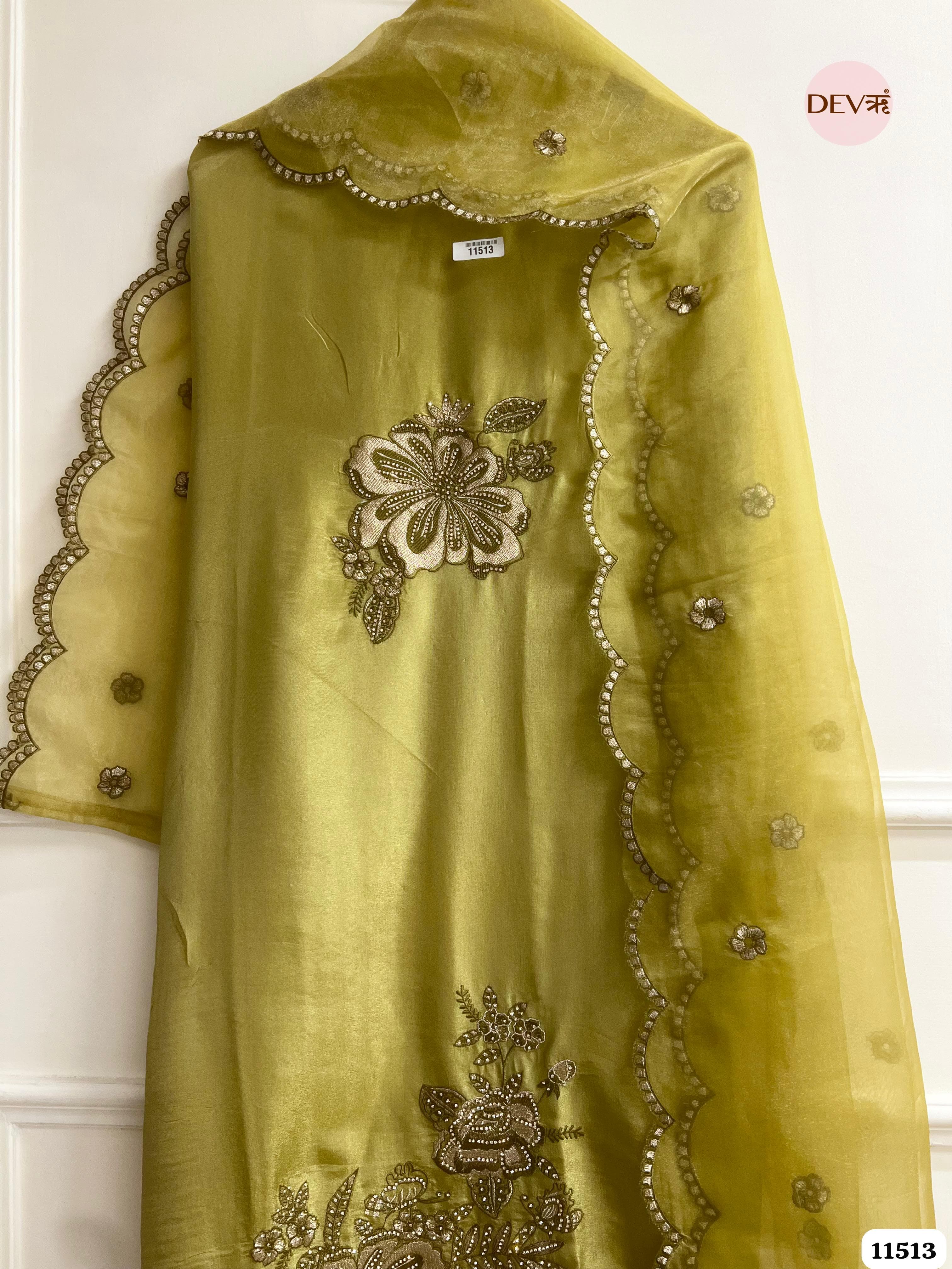 Lime green Tissue Silk Unstitched Embroidered -Set Of 3 {11513}