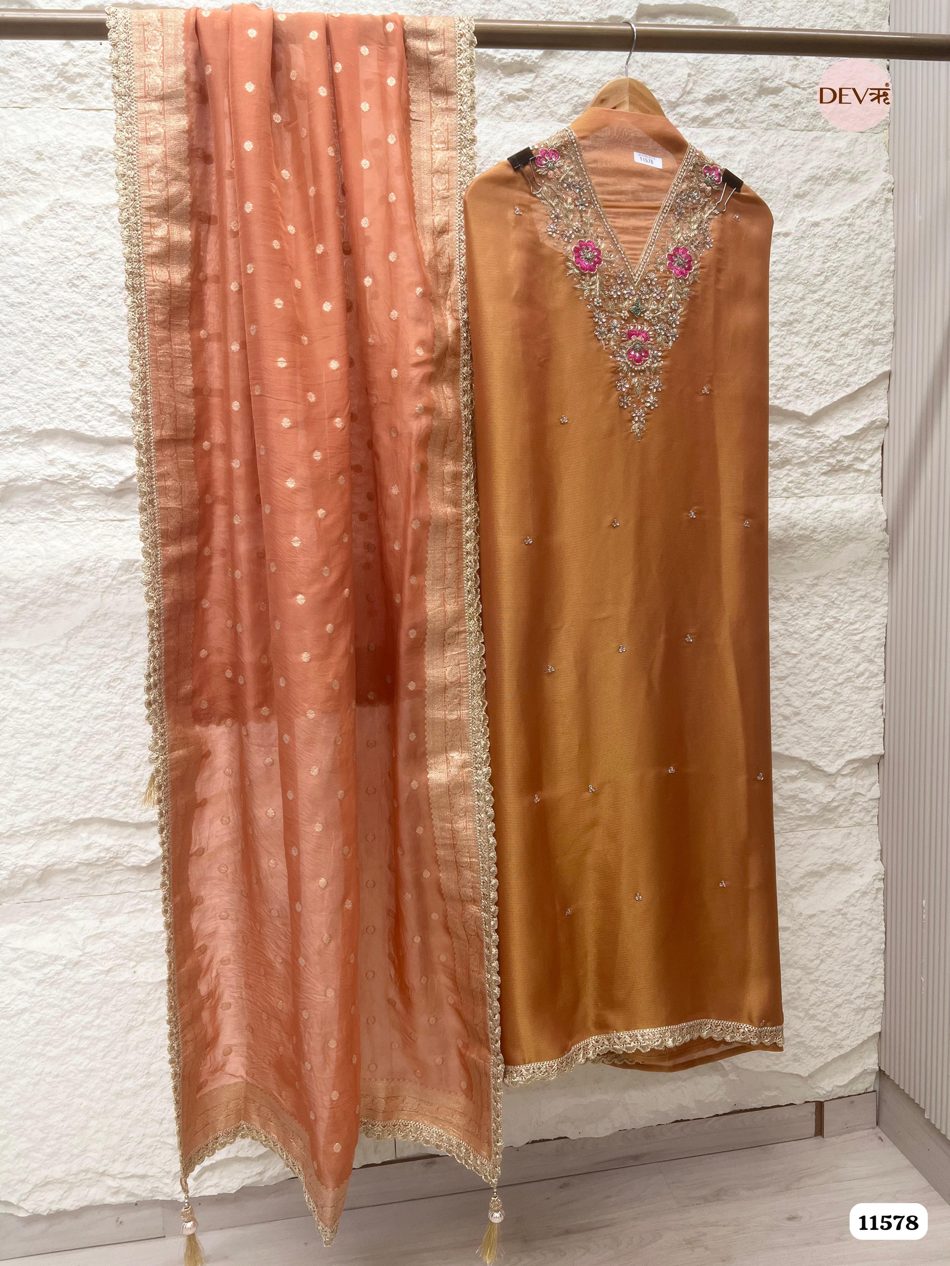 Orange Pure Tissue Silk Unstitched Hand Embroidered -Set Of 3 {11578}