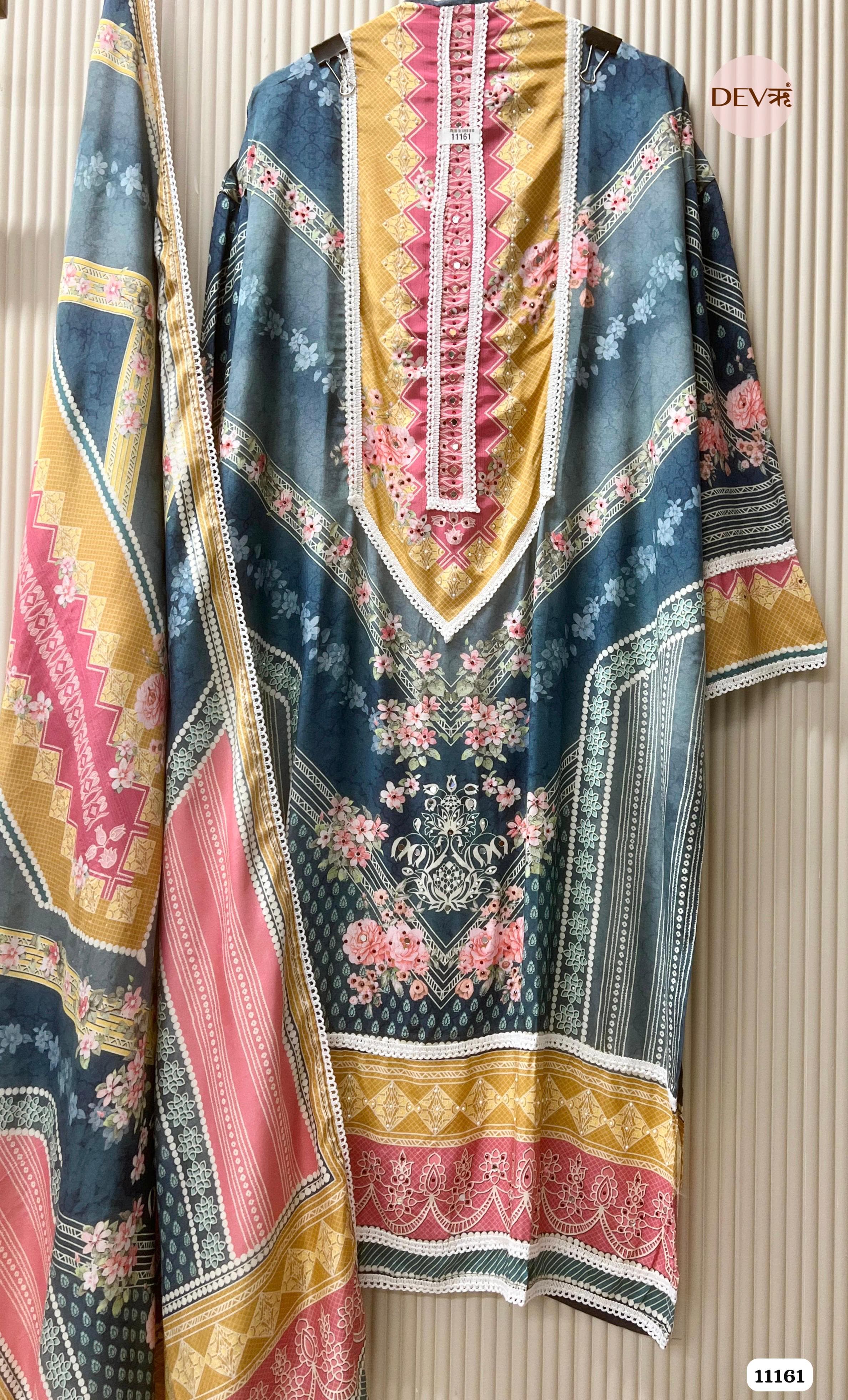 Blue Muslin Printed Semi Stitched Hand Embroidered -Set Of 3 {11161}