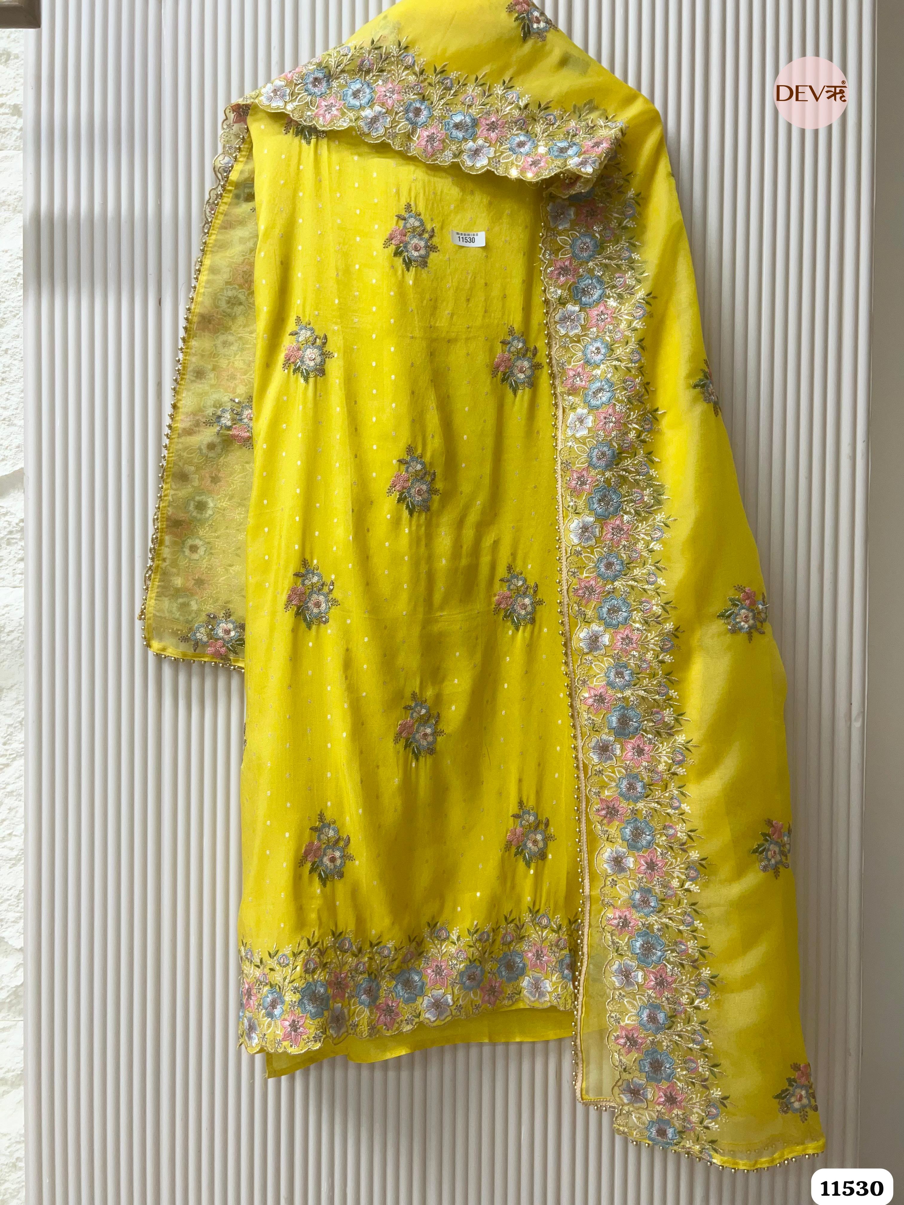 Yellow Tissue Silk Unstitched Embroidered -Set Of 3