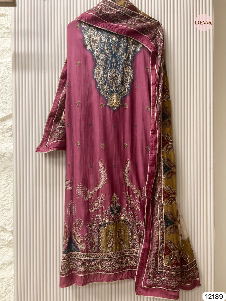Wine Muslin Embroidered Unstitched 3-Piece Suit (Devri – D.No 12189)