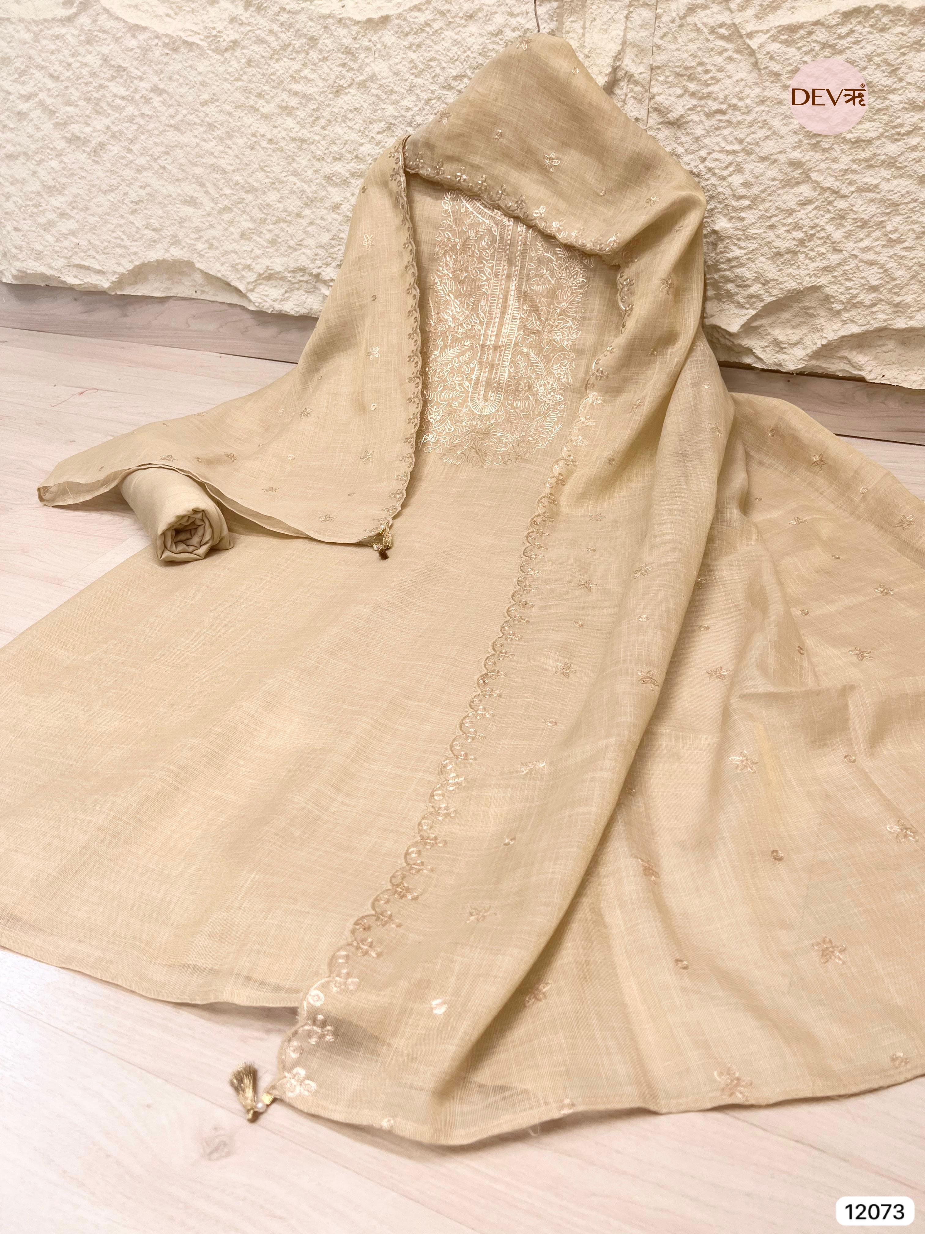 Beige Pure Linen Unstitched Zardosi Embroidered -Set Of 3 - {12073}