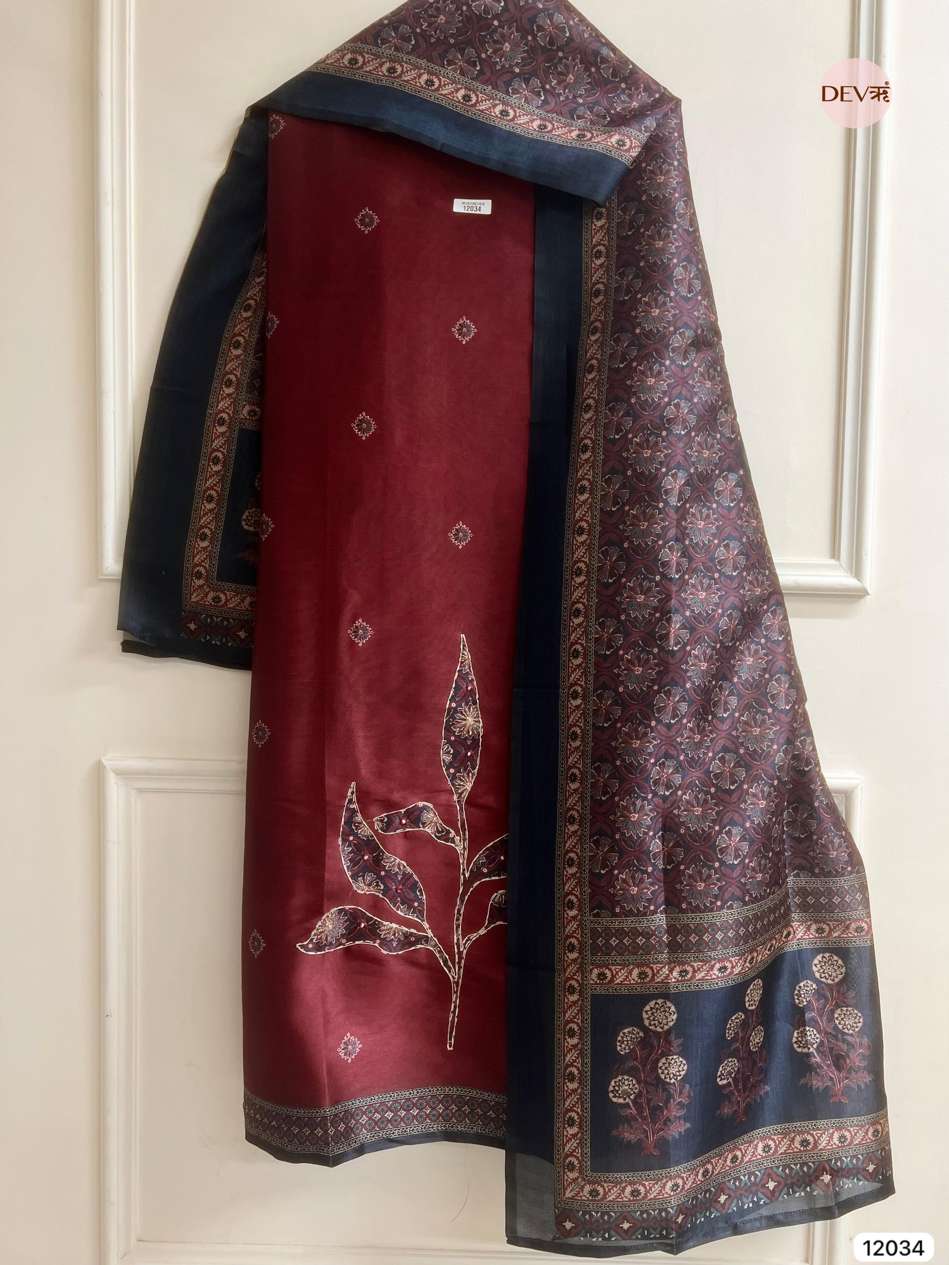 Maroon Raw Silk Unstitched Hand Applique Work Embroidered -Set Of 3 - {12034}