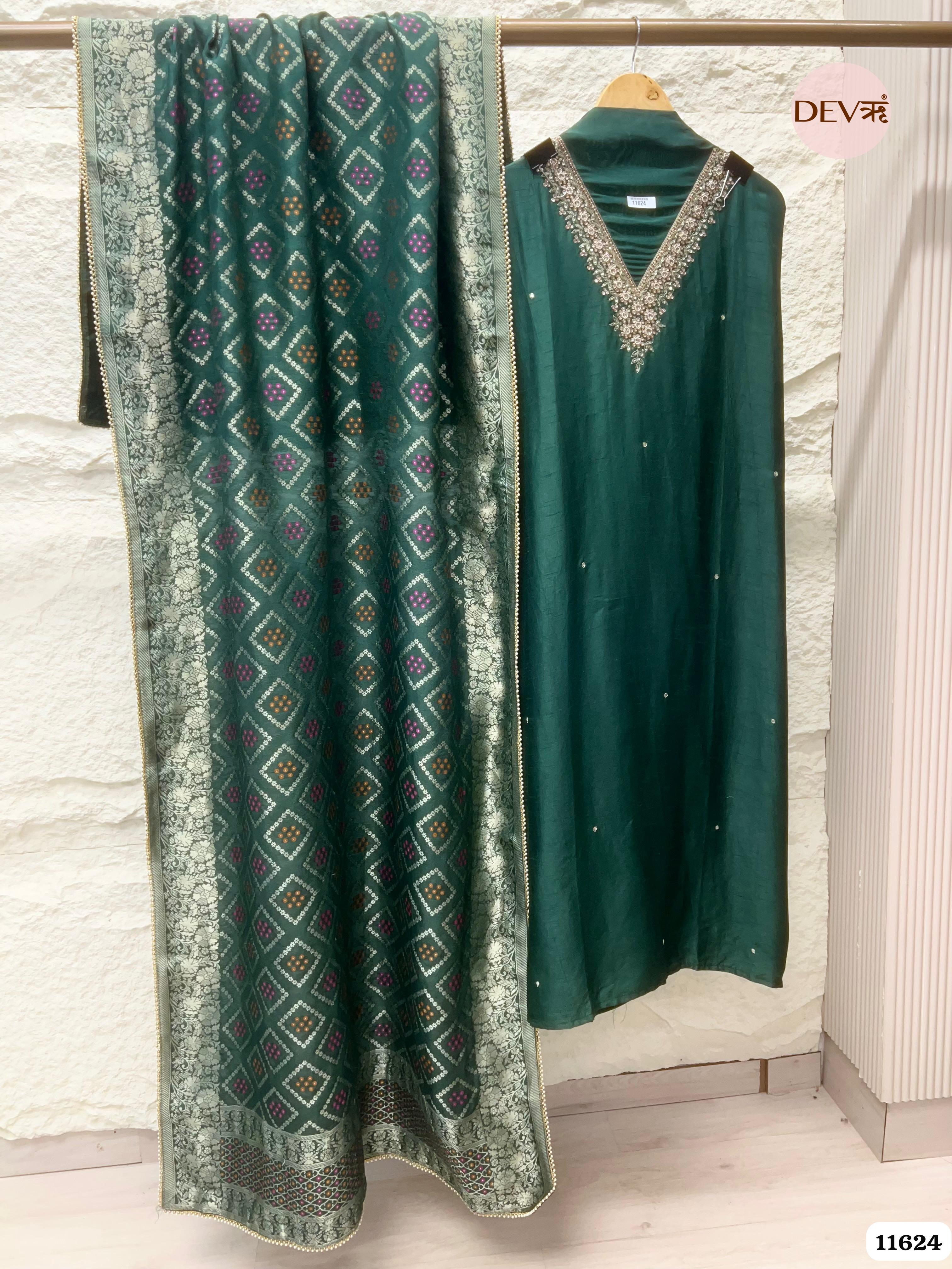 Dark Green Pure Russian Silk Unstitched Hand Embroidered -Set Of 3 {11624}