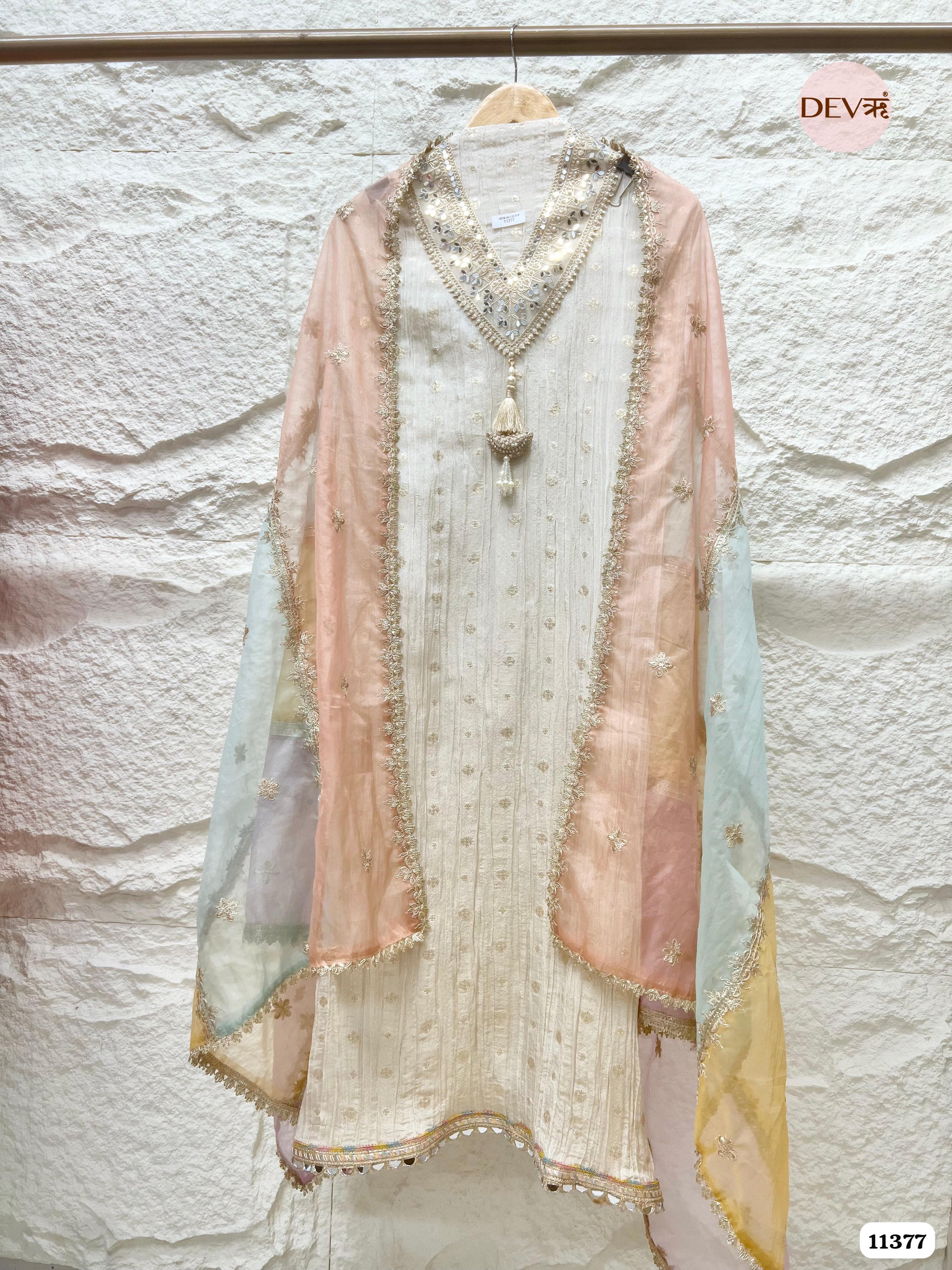 Off White Tissue Silk Unstitched Woven Hand Embroidered -Set Of 3 {11377}