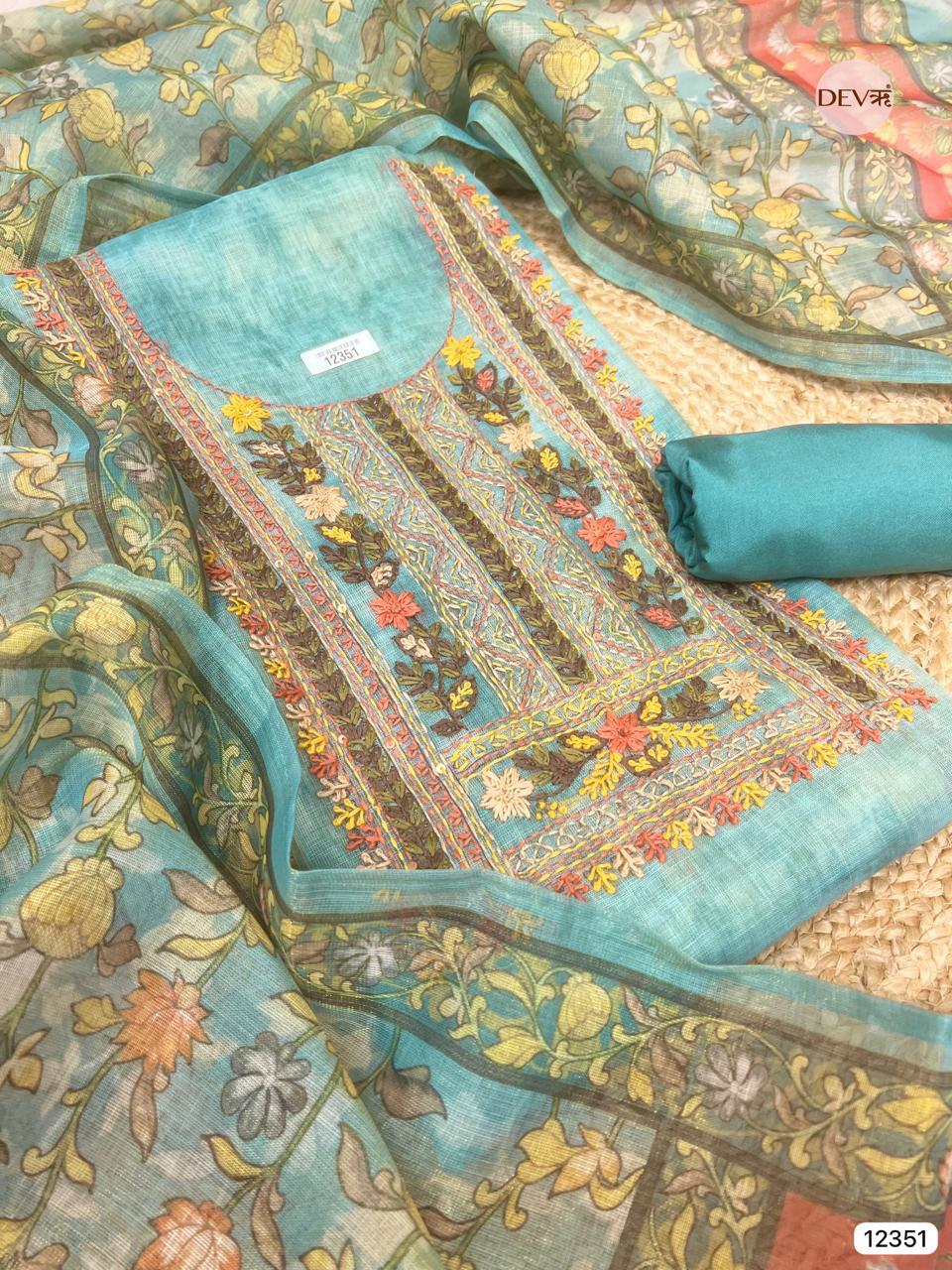 Teal Green Linen Embroidered Unstitched 3-Piece Suit (Devri – D.No 12351)