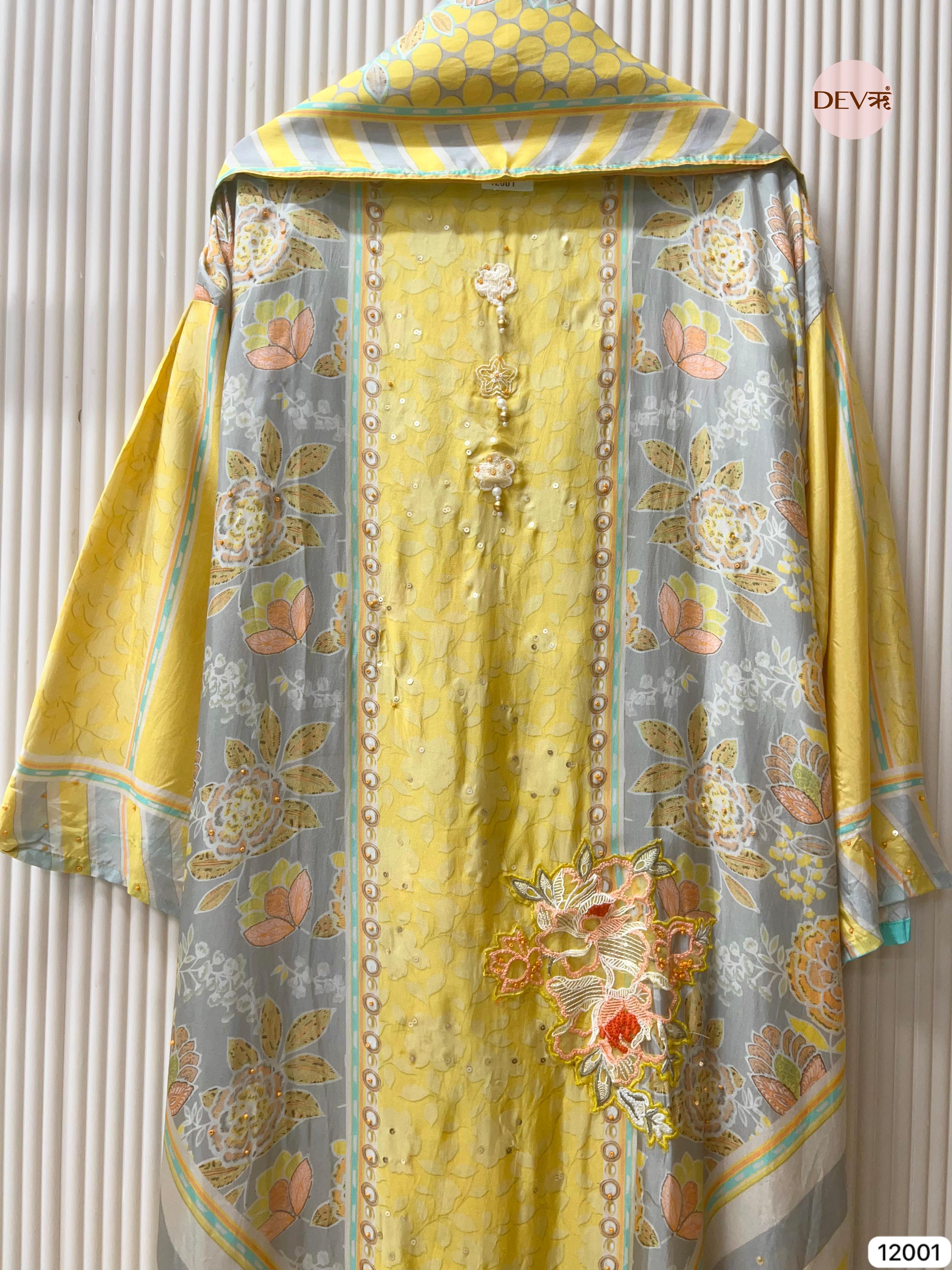 {12001} Yellow Pure Organza Silk Semi stitched Printed Embroidered -Set Of 3