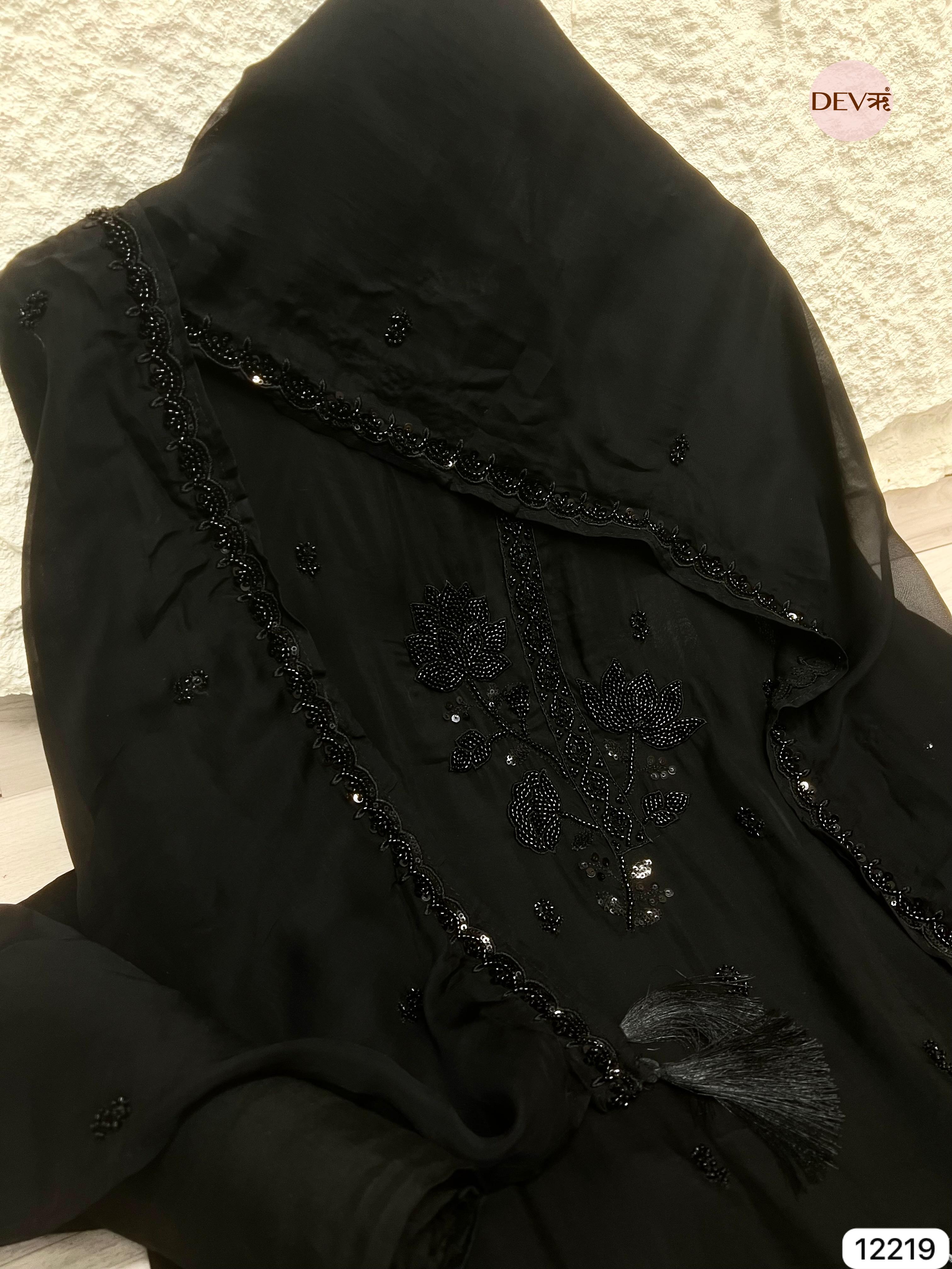 Elegant Black Organza Hand-Embroidered Unstitched 3-Piece Suit (Devri – D.No 12219)