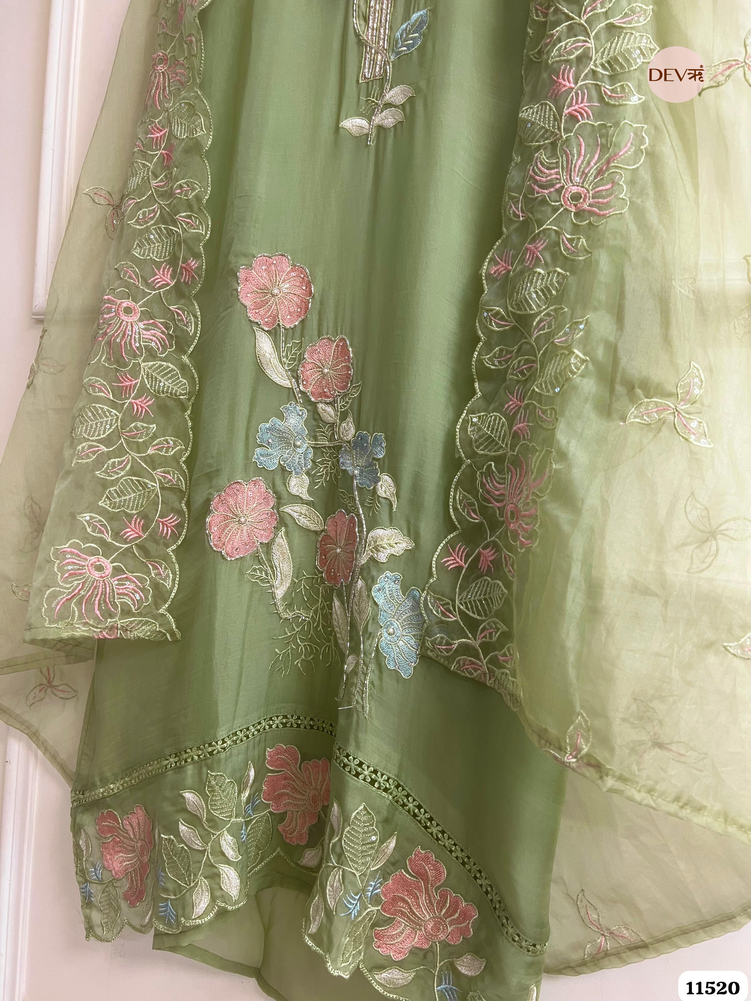 Green Organza Unstitched Embroidered -Set Of 3