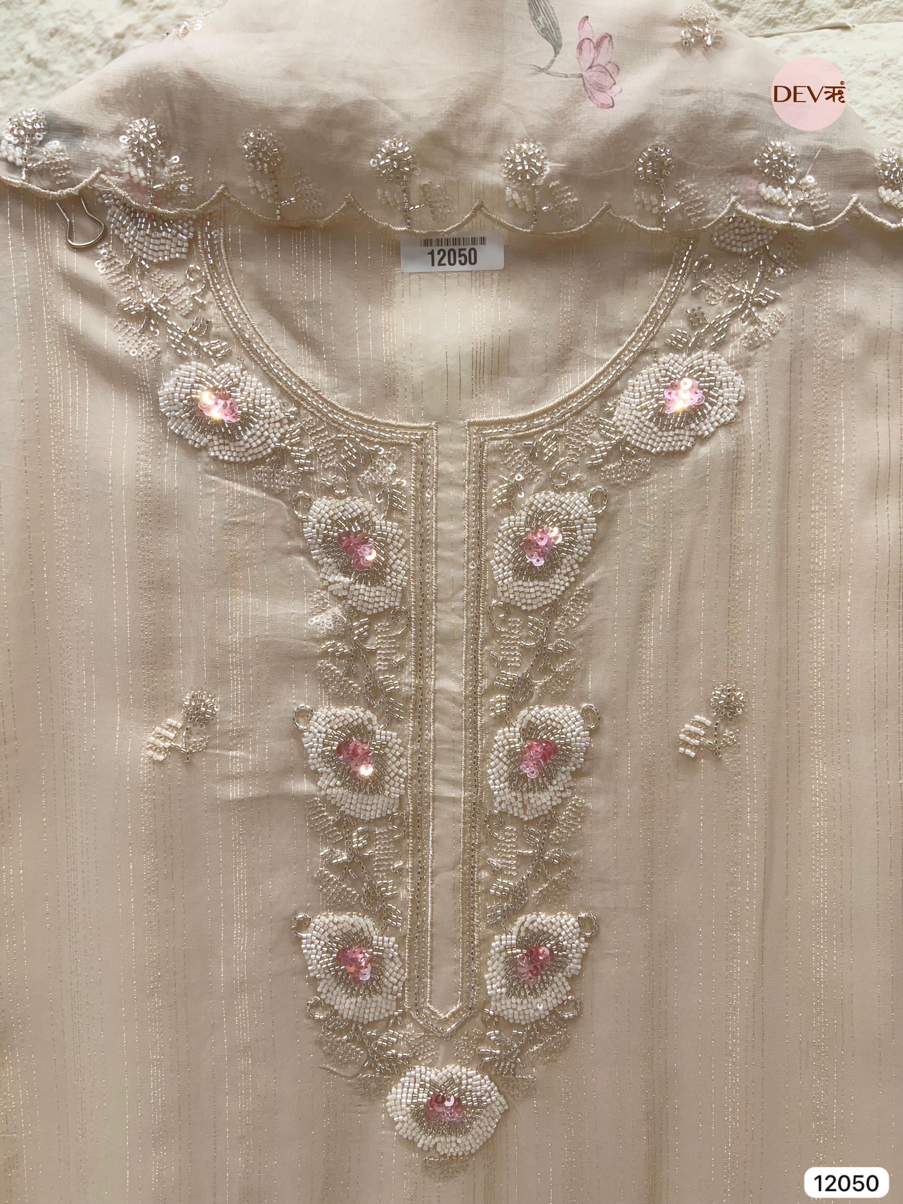 Off White Pure Organza Woven Unstitched Hand Embroidered -Set Of 3 - {12050}