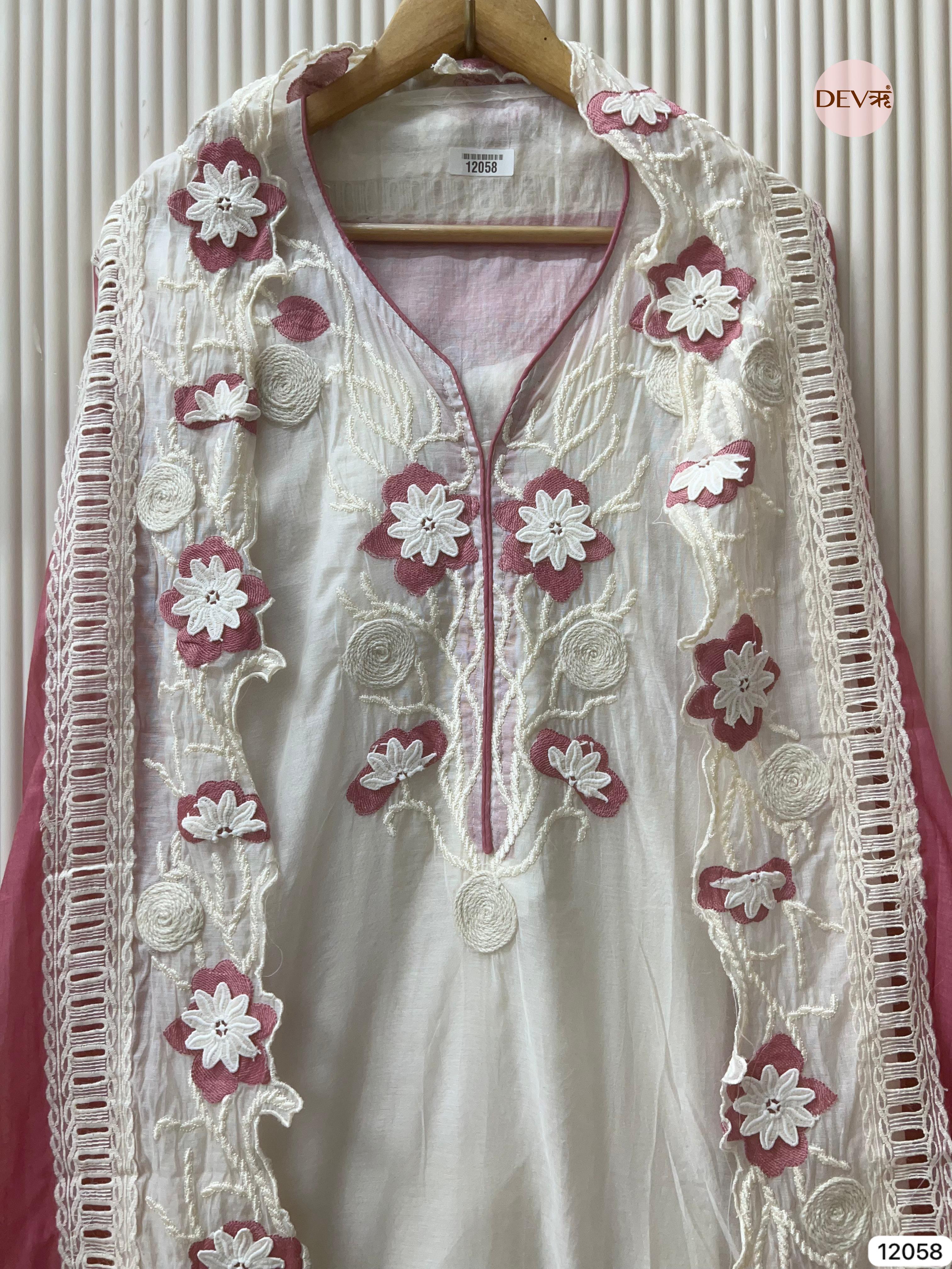White Mul Chanderi Unstitched With Hand Embroidered -Set Of 3 - {12058}
