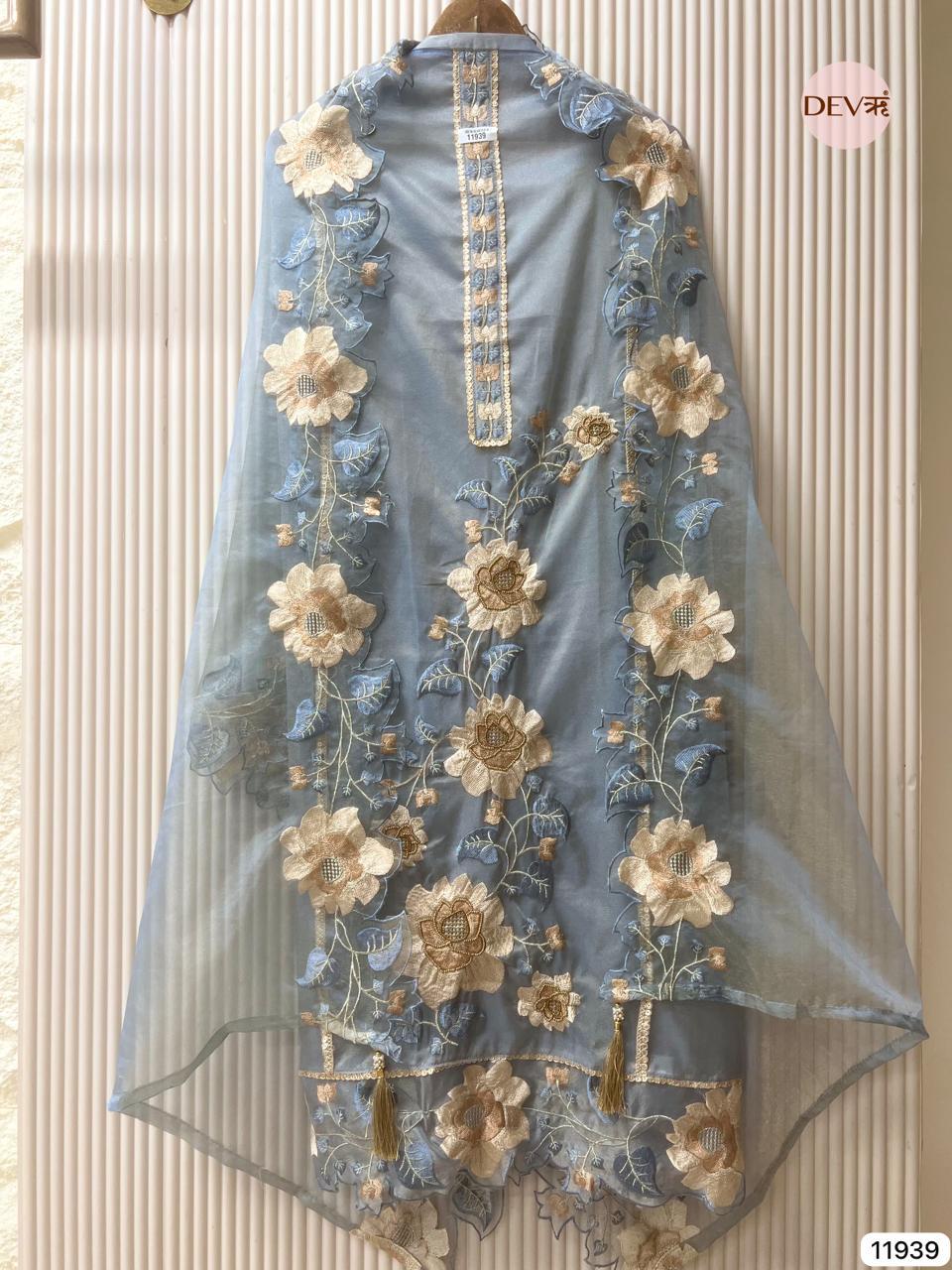 Blue Tissue Shimmer Embroidered Unstitched 3-Piece Suit (Devri – D.No 11939)