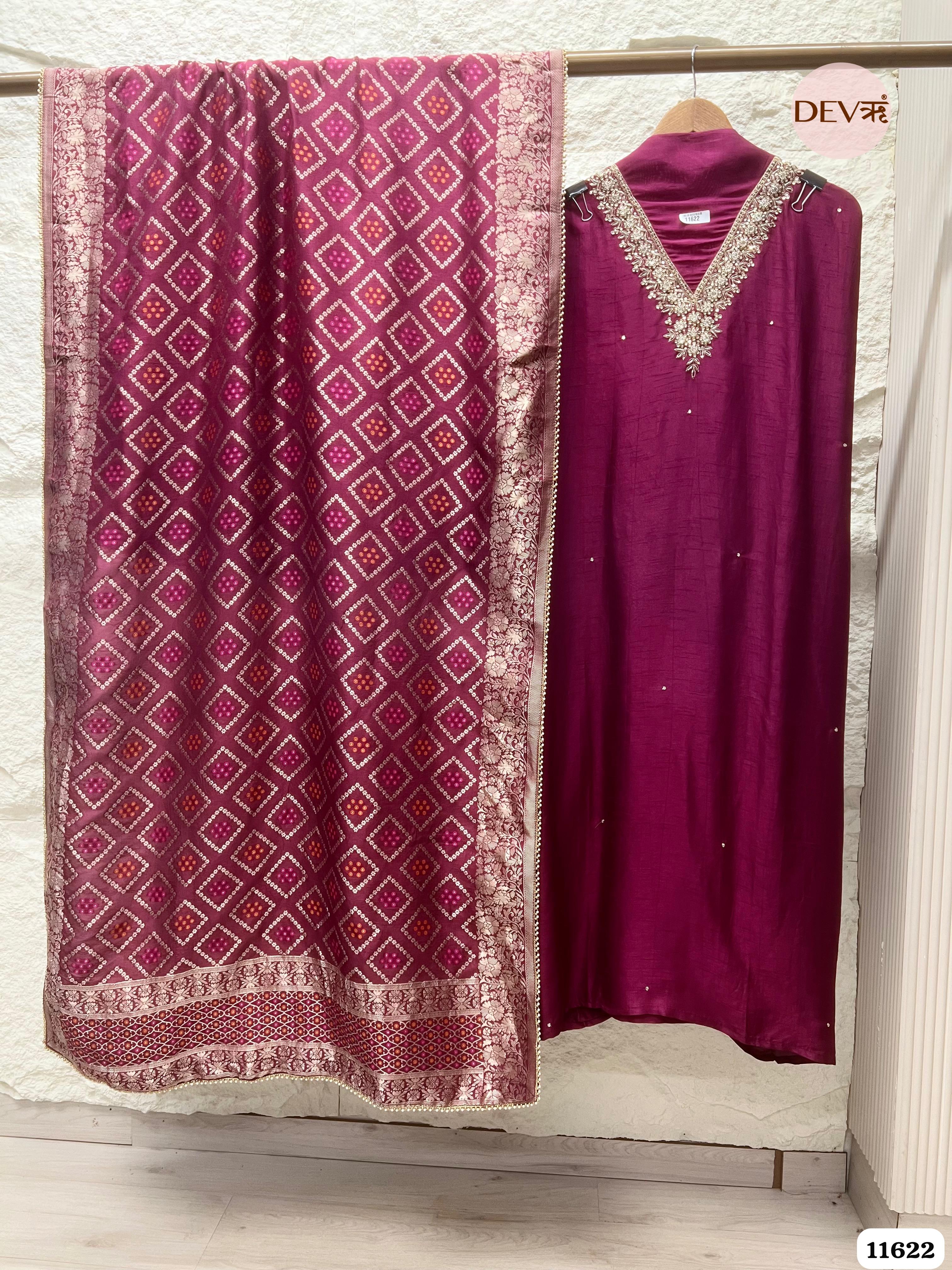 Magenta Pink Pure Russian Silk Unstitched Hand Embroidered -Set Of 3 {11622}