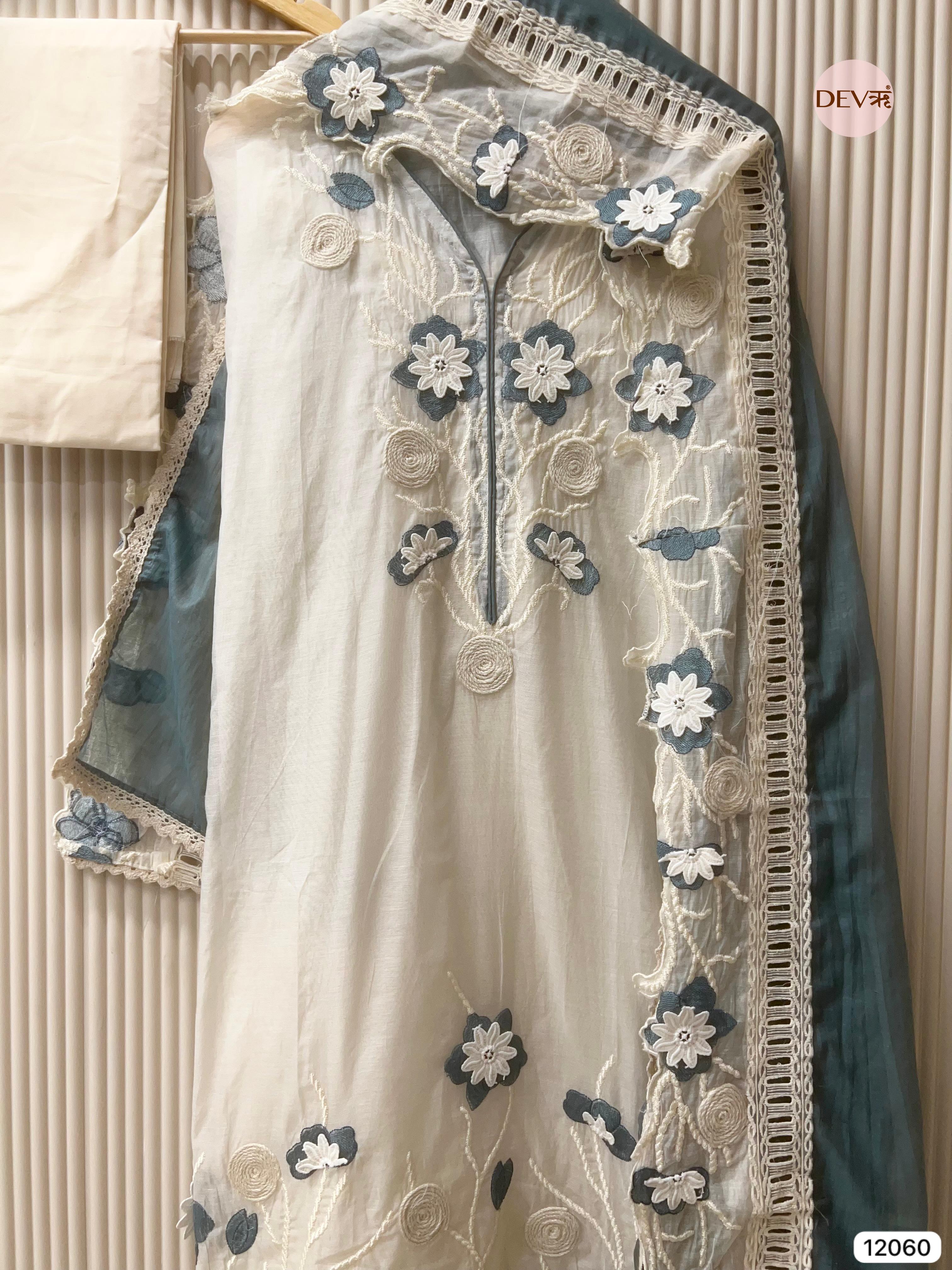 White Mul Chanderi Unstitched With Hand Embroidered -Set Of 3 - {12060}